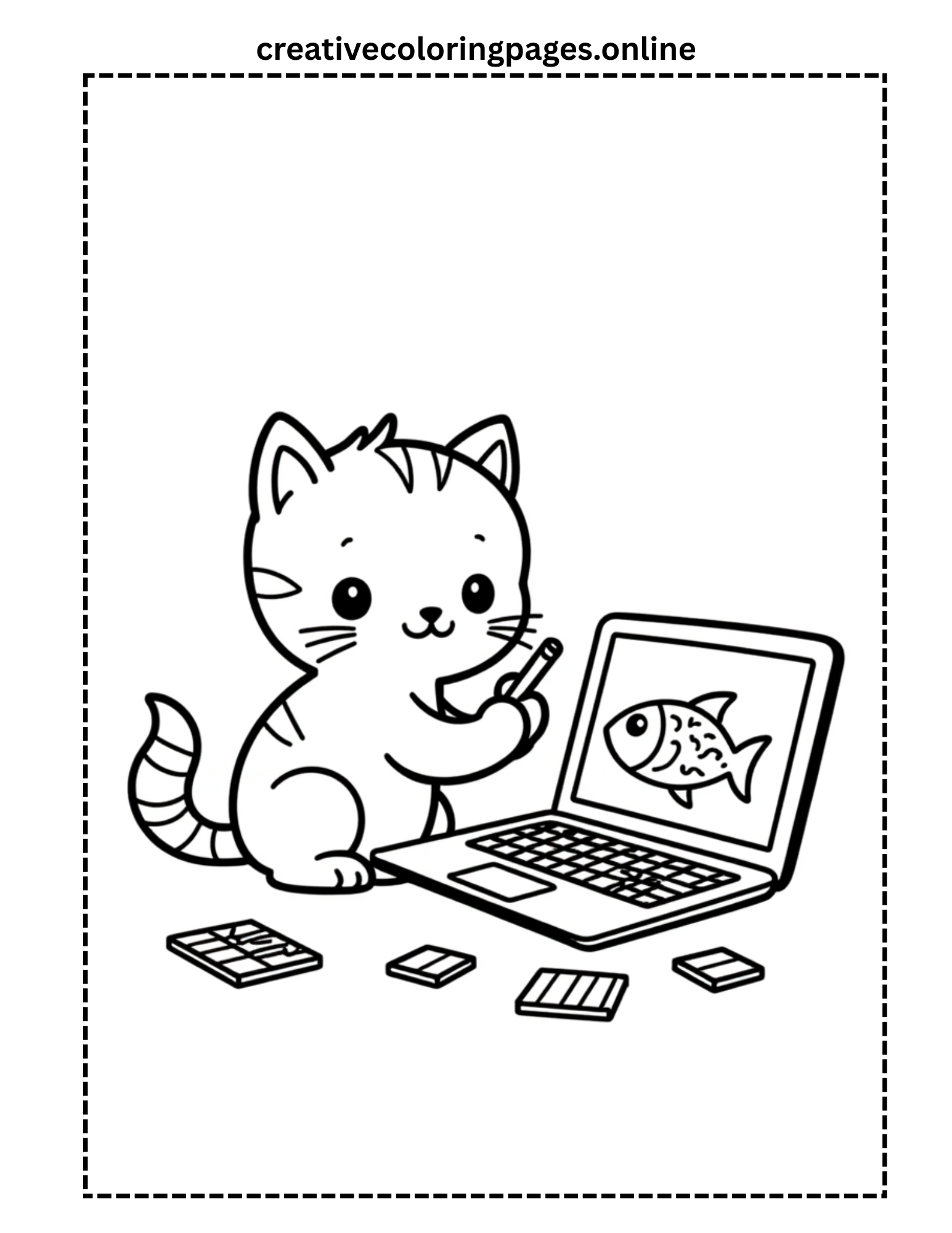 Cute Cat Drawing Fish on Laptop Coloring Page