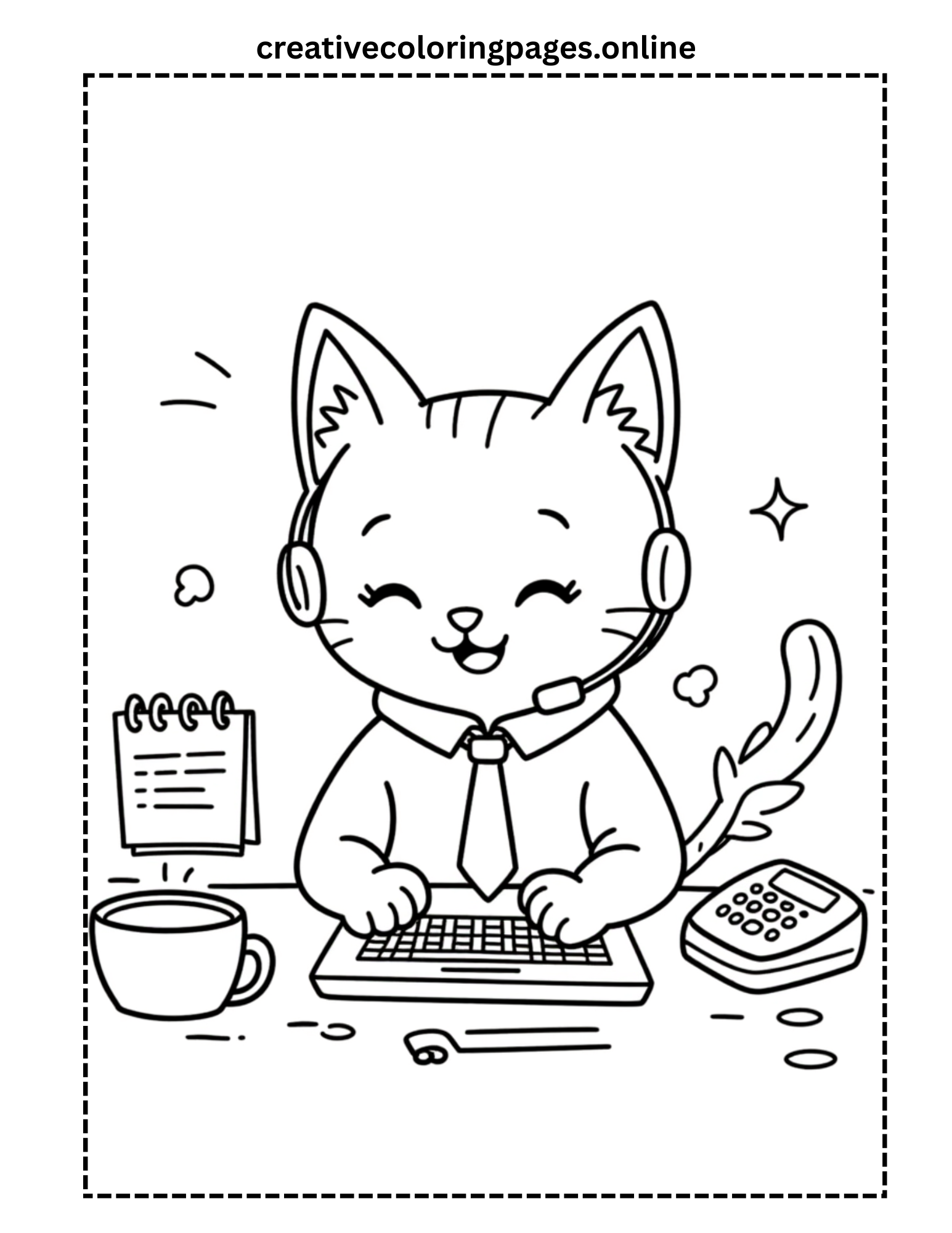 Cute Cat Office Worker with Headset Coloring Page