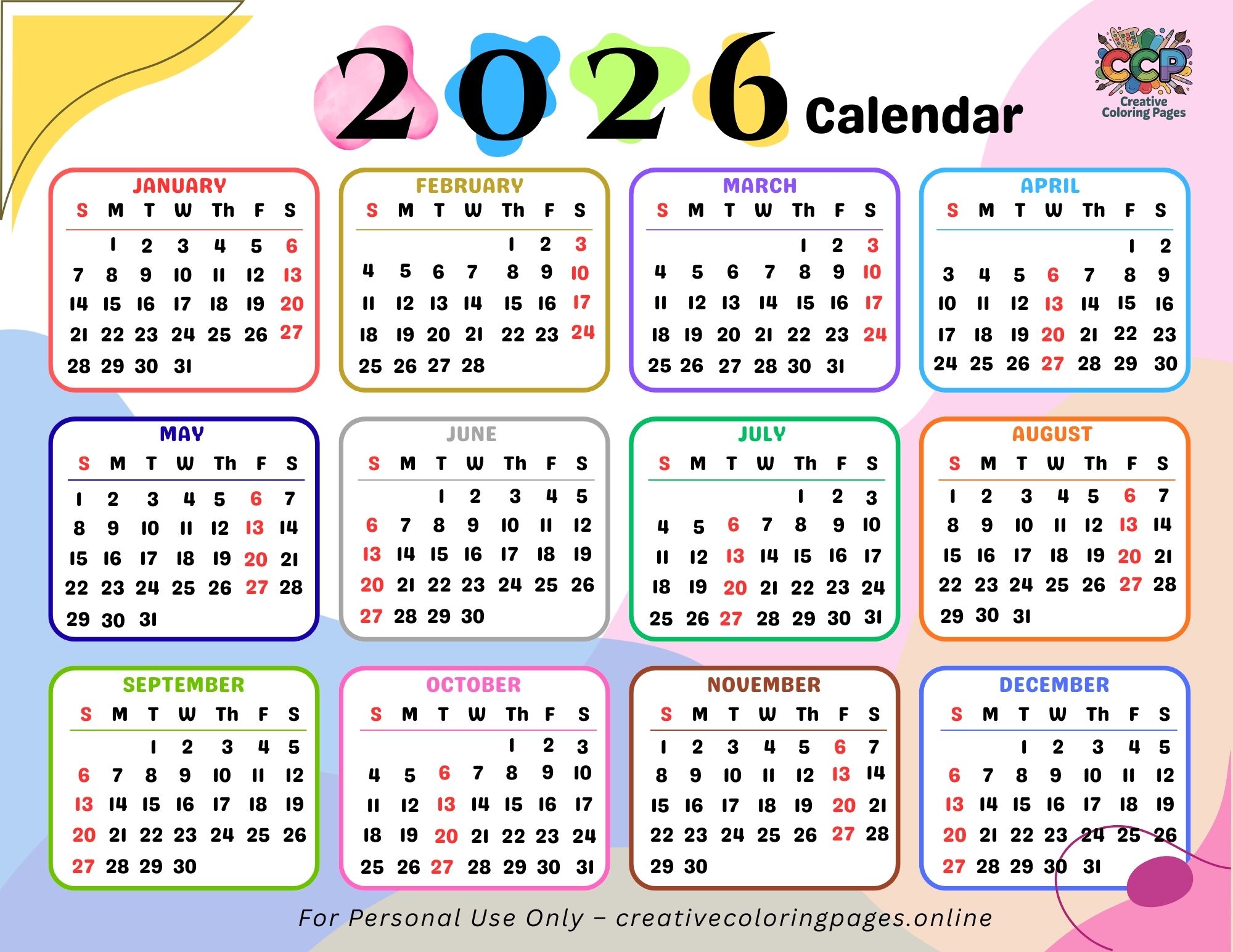 Free Printable 2026 Calendar – Colorful Full Year