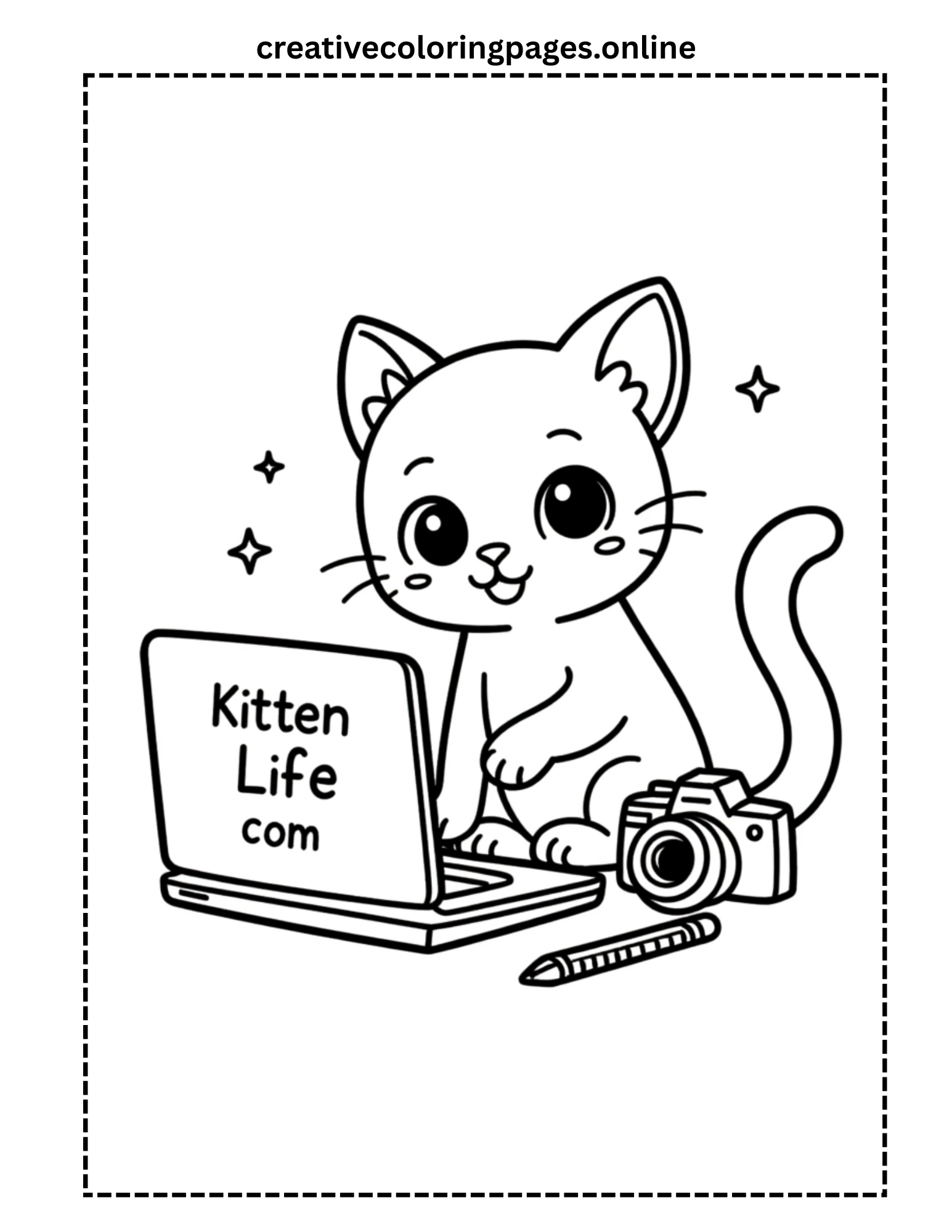Cute Cat with Laptop & Camera Coloring Page