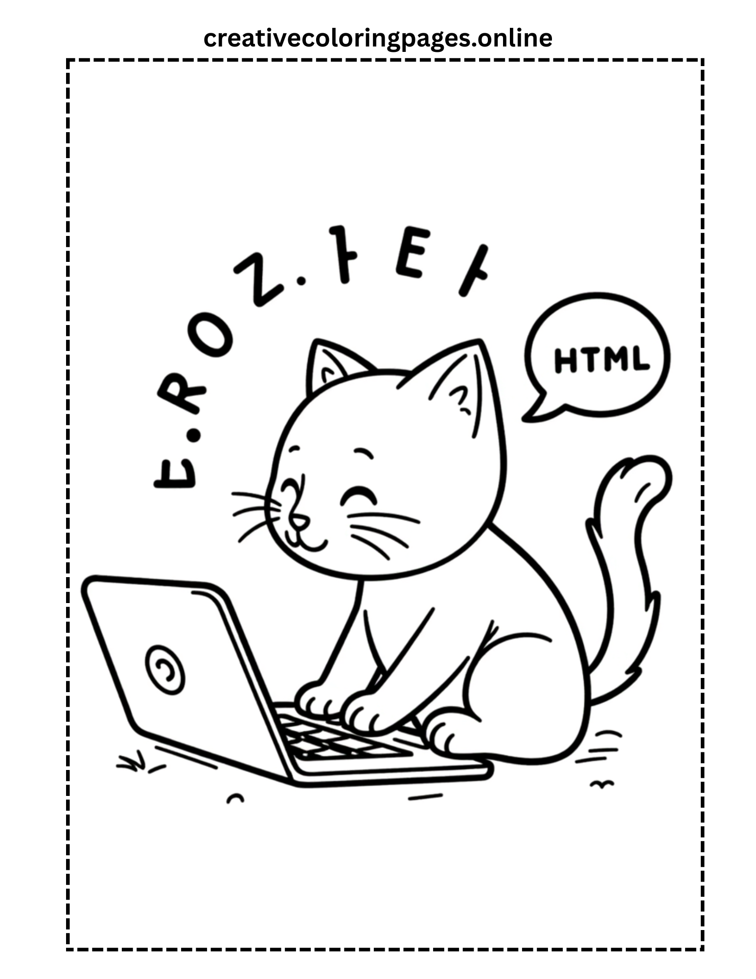 Cute Cat Coding HTML on Laptop Coloring Page