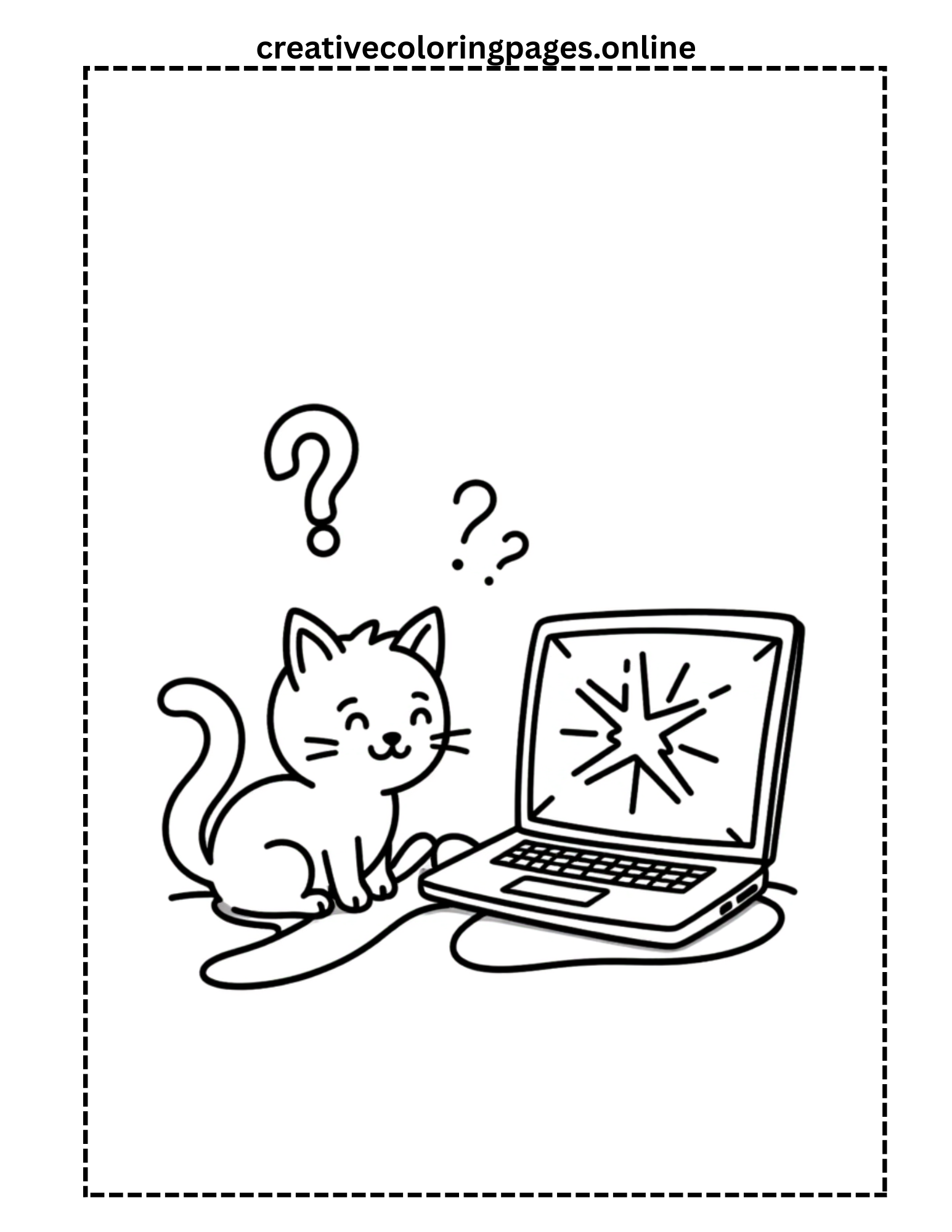Confused Cat with Broken Laptop Coloring Page