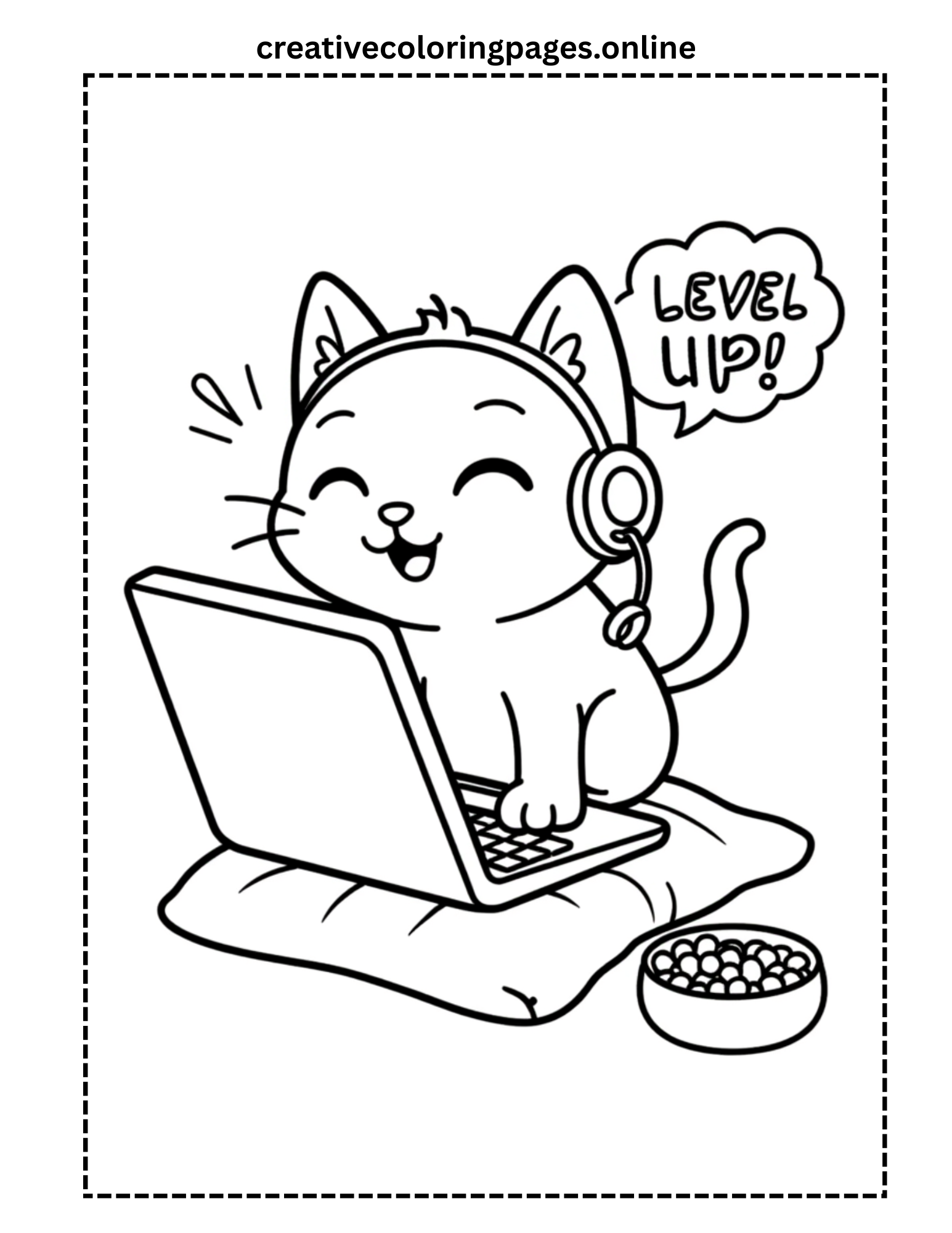 Cute Gamer Cat Leveling Up Coloring Page