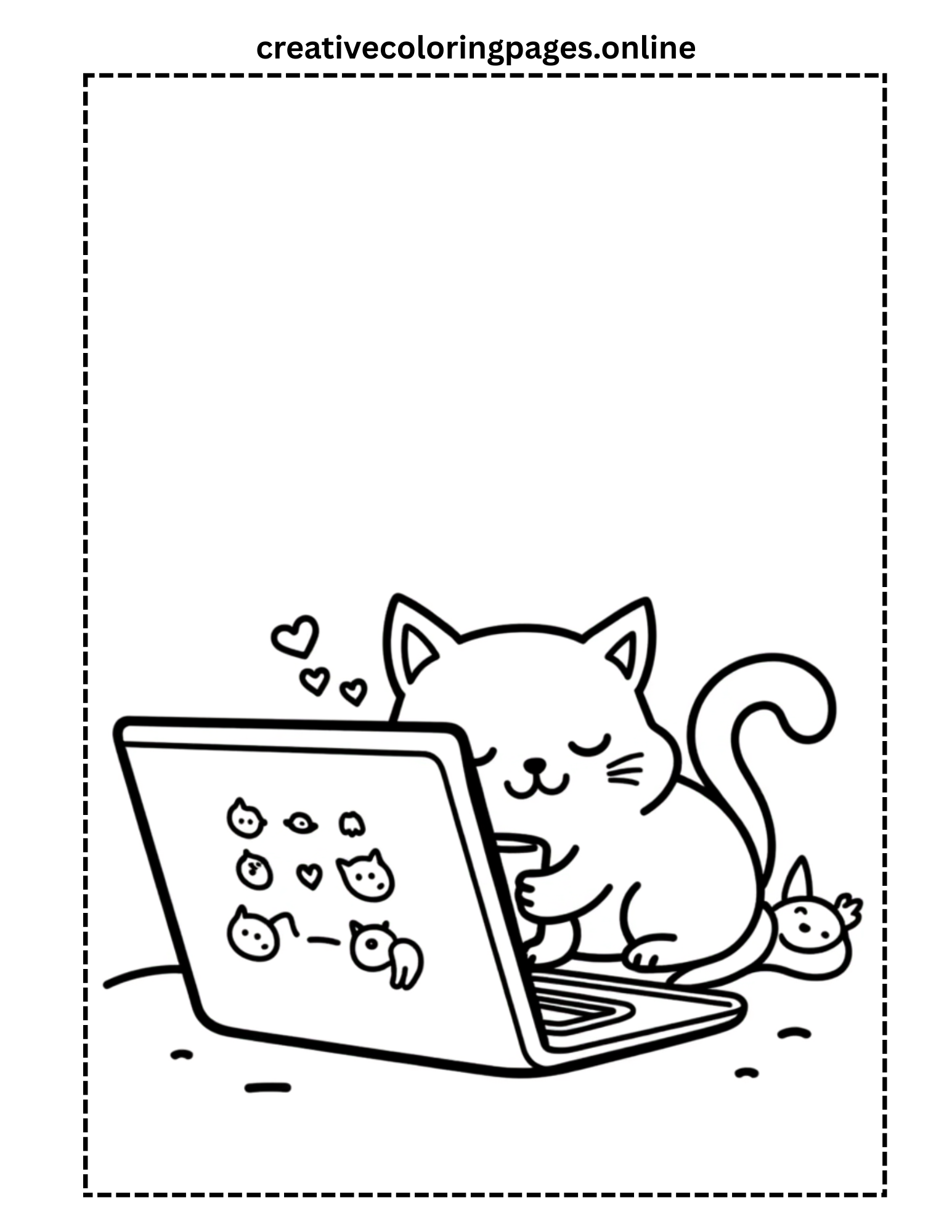 Cute Cat Watching Cartoons on Laptop Coloring Page