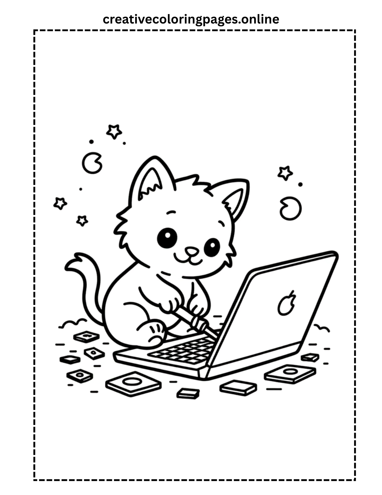 Cute Cat Working on Laptop at Night Coloring Page