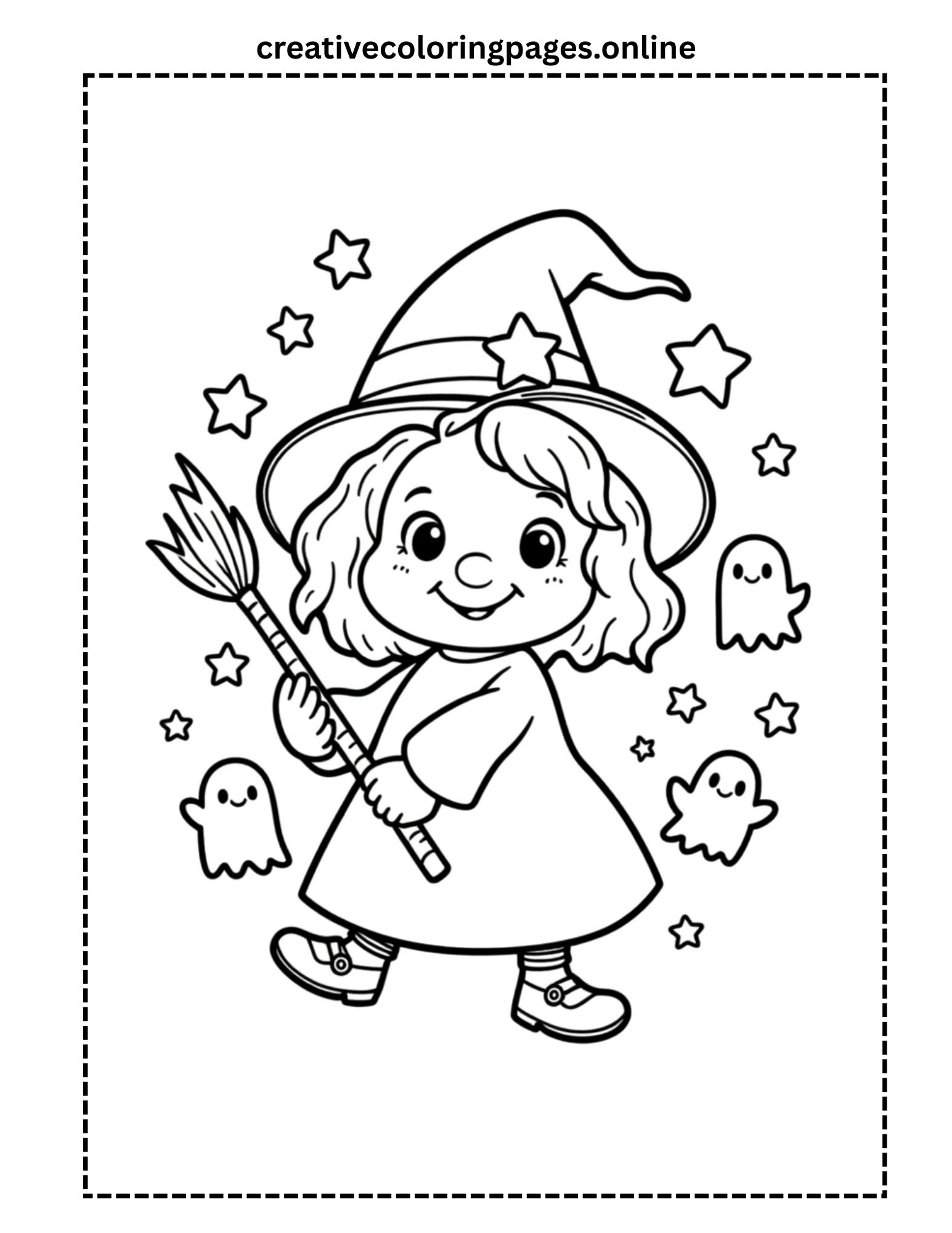 Cute Halloween Witch Girl Coloring Page for Kids
