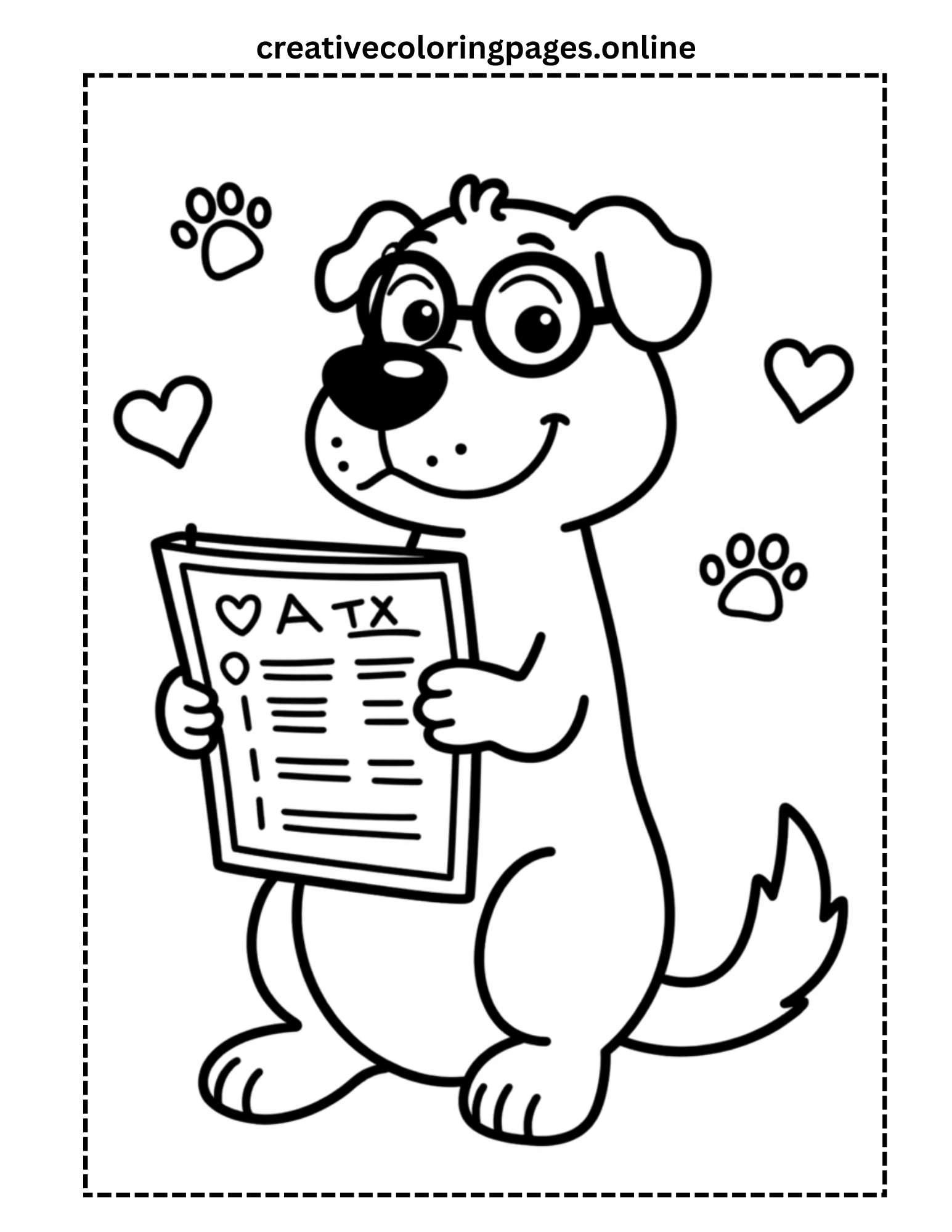 Smart Dog with Glasses and Clipboard Coloring Page