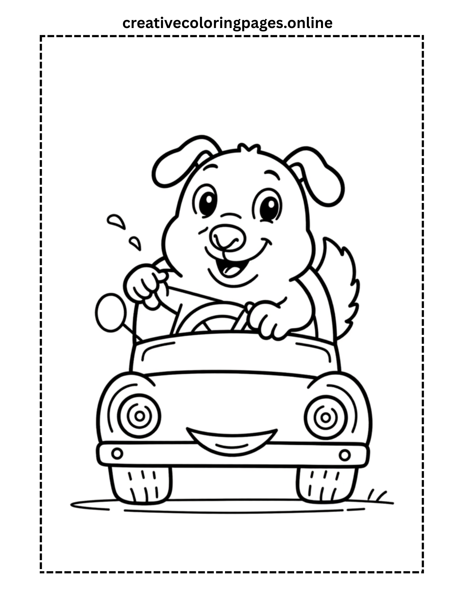 Happy Puppy Driving a Smiling Car Coloring Page