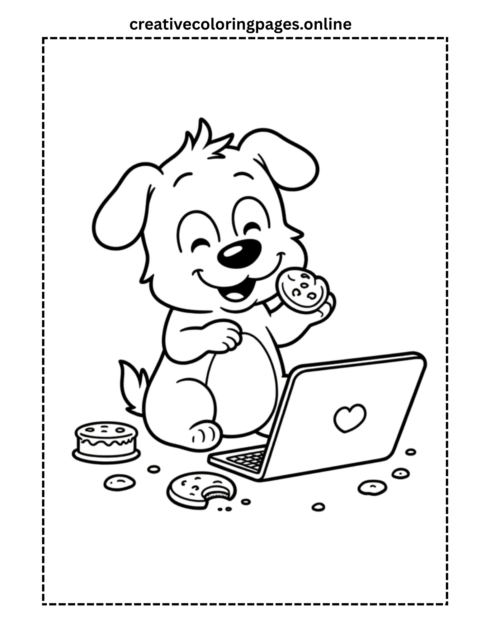 Puppy Eating Cookies on Laptop Coloring Page