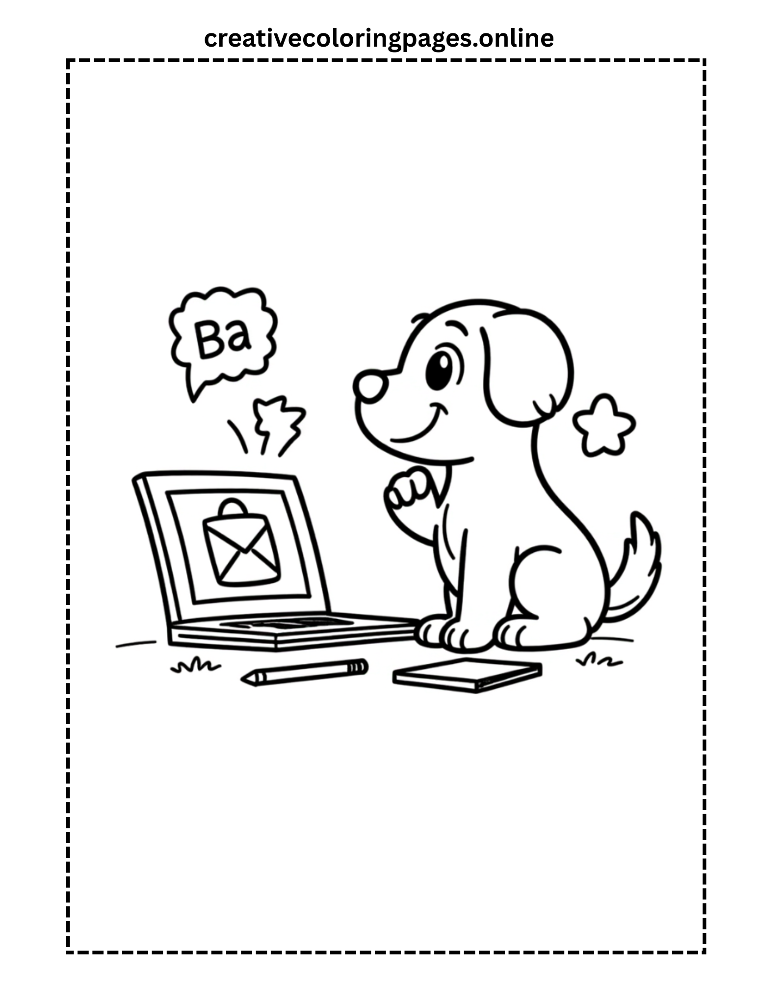 Puppy Learning Letters on Laptop Coloring Page