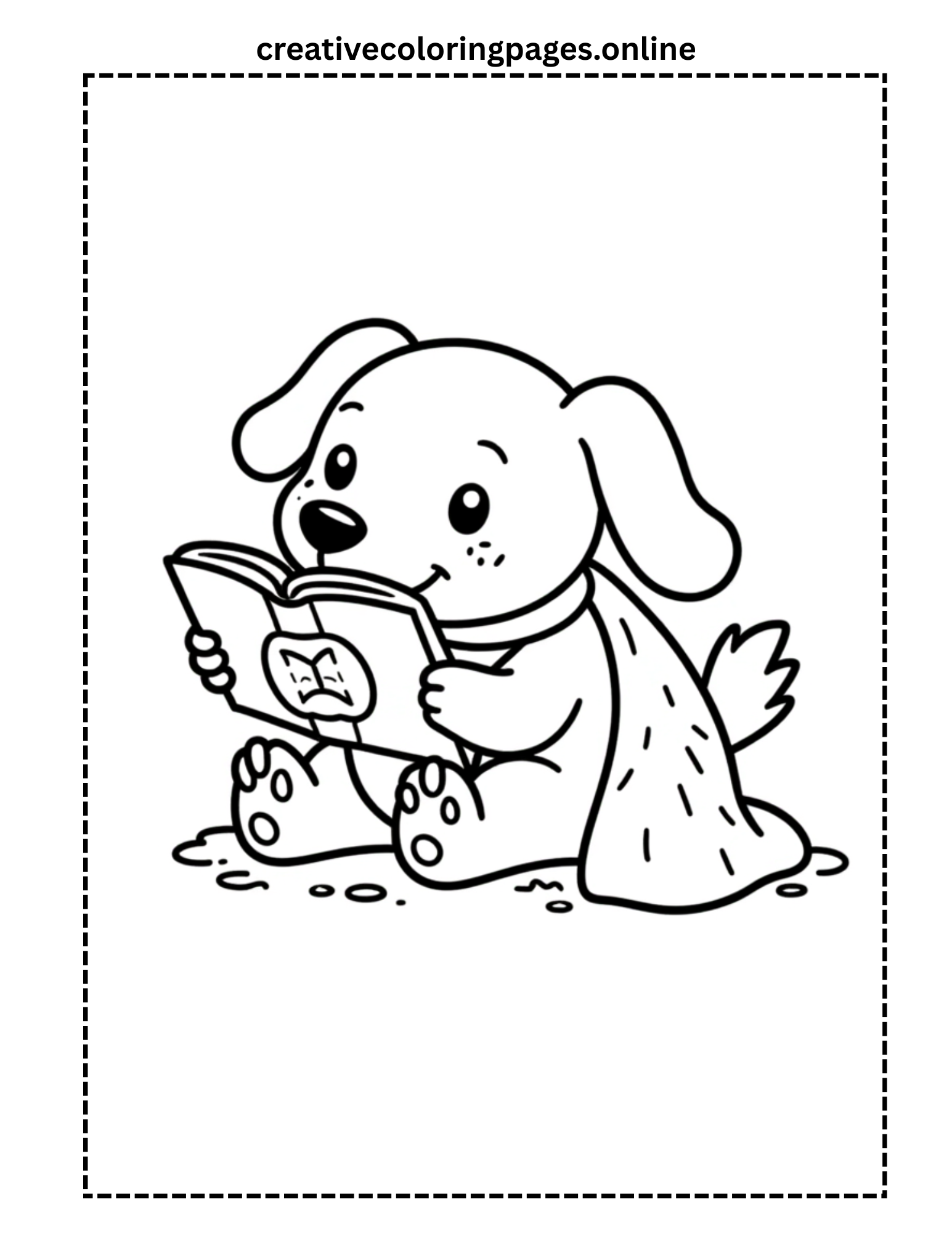 Puppy Reading a Book Coloring Page - Image 1