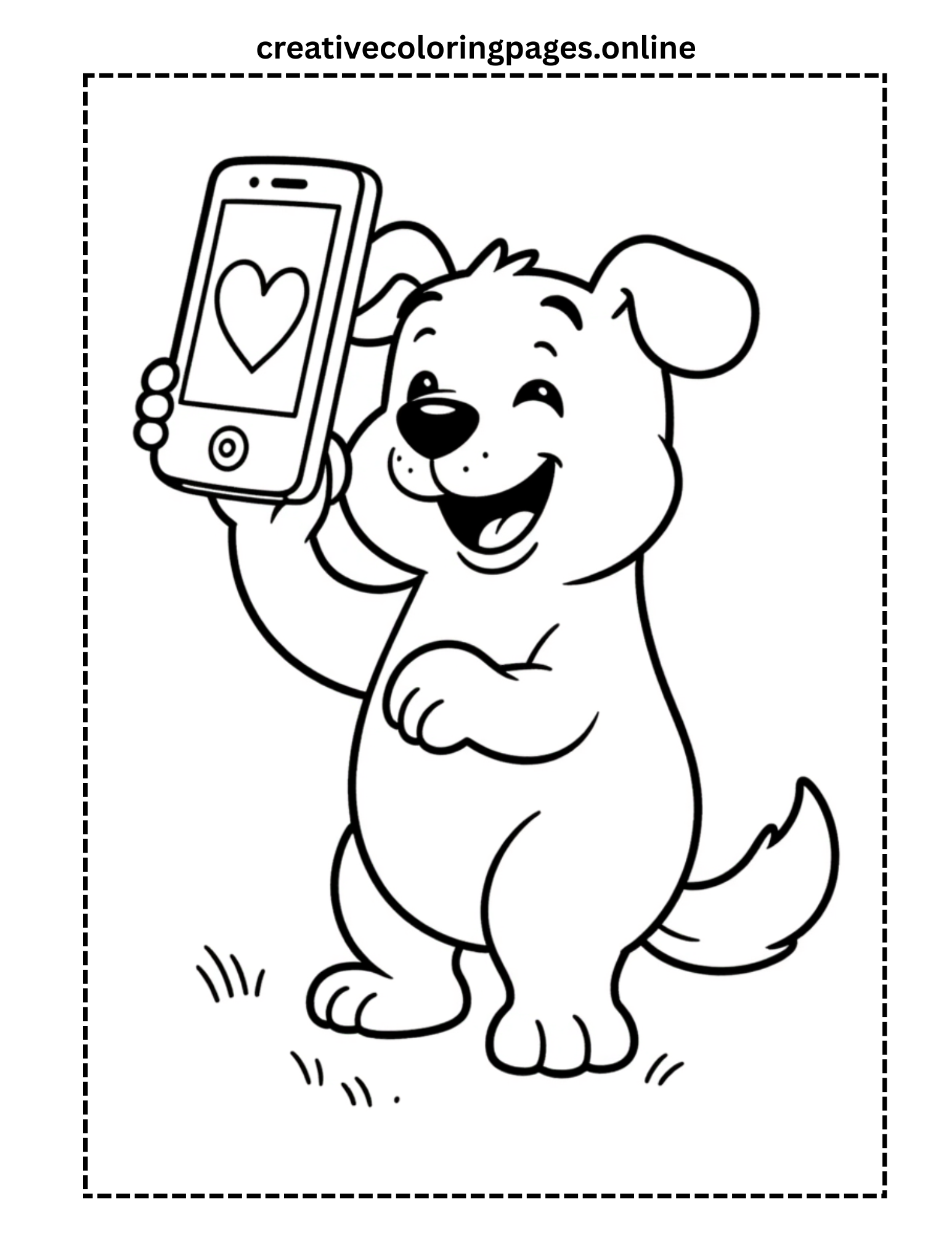 Puppy with Phone & Heart Coloring Page - Image 1