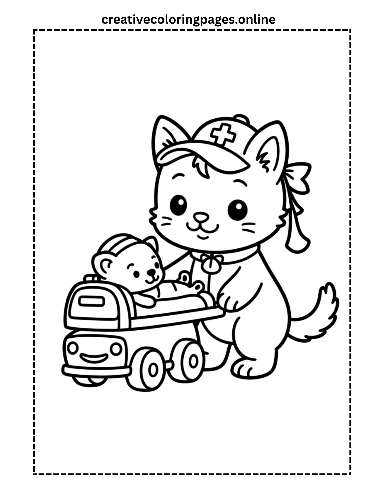 Nurse Cat Pushing Ambulance Toy Coloring Page - Image 1