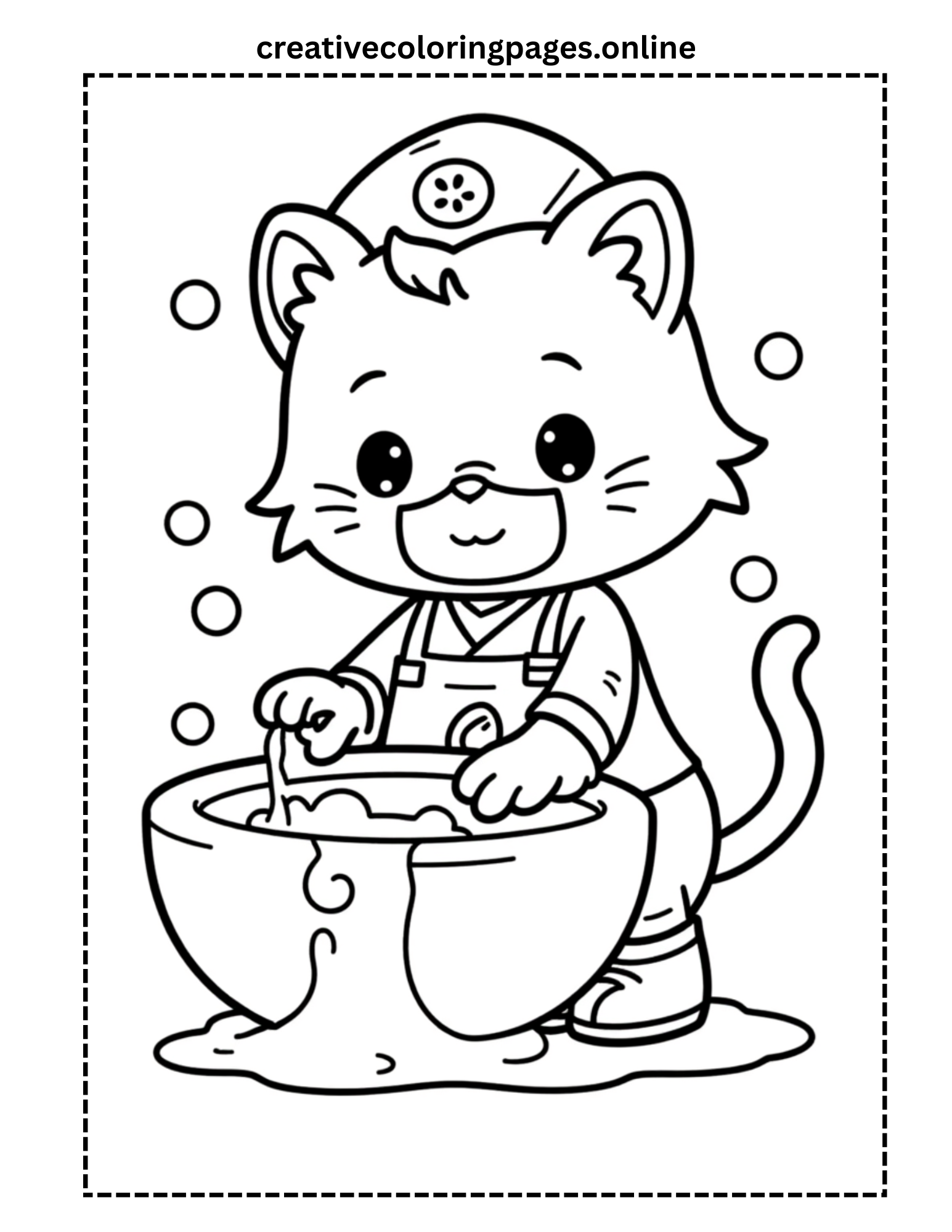 Cat Washing Hands in Bowl Coloring Page