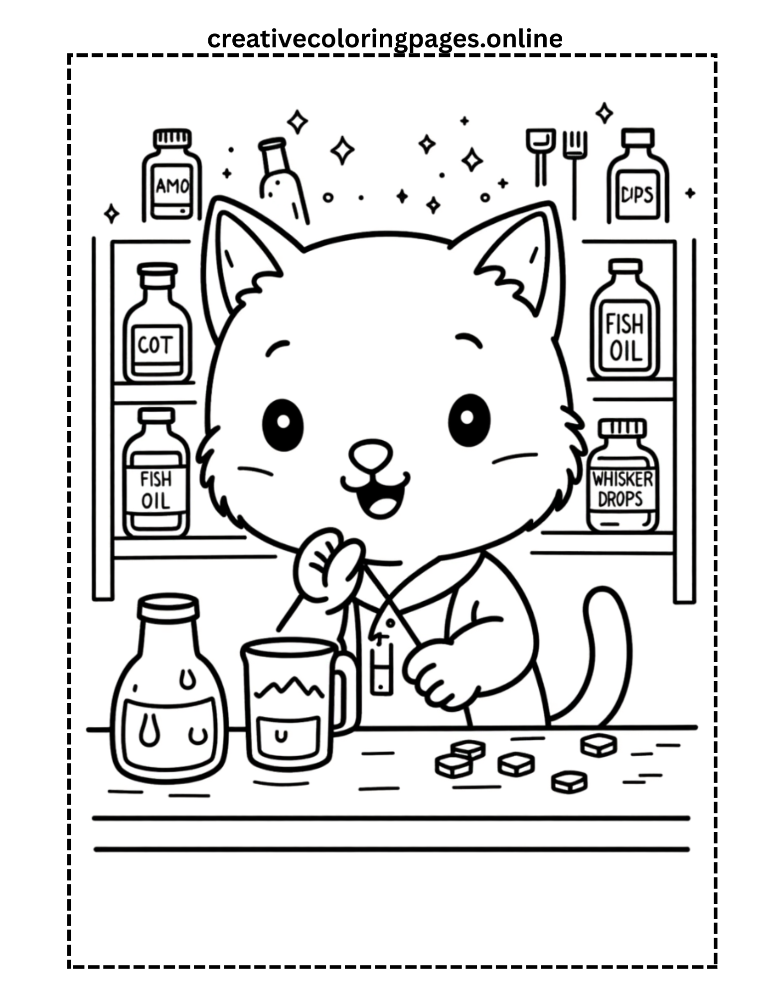 Cat Pharmacist with Fish Oil Bottles Coloring Page - Image 1