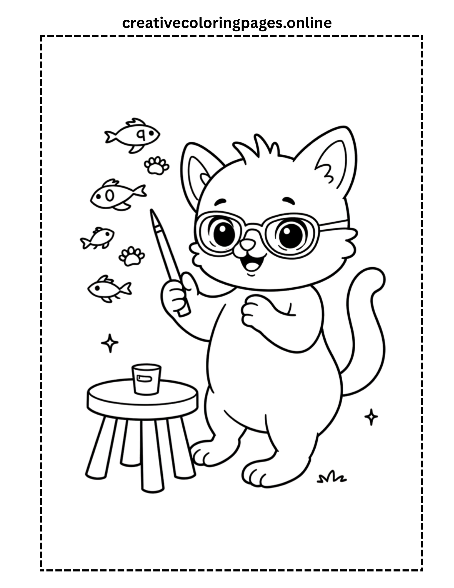 Cat Teacher Counting Fish Coloring Page
