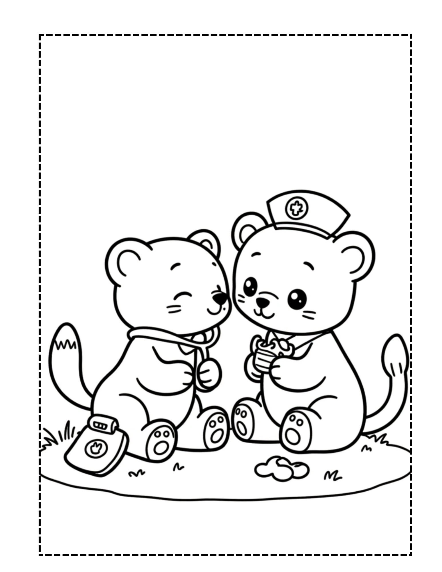 Nurse Bear Checking Friend with Stethoscope Coloring Page - Image 1
