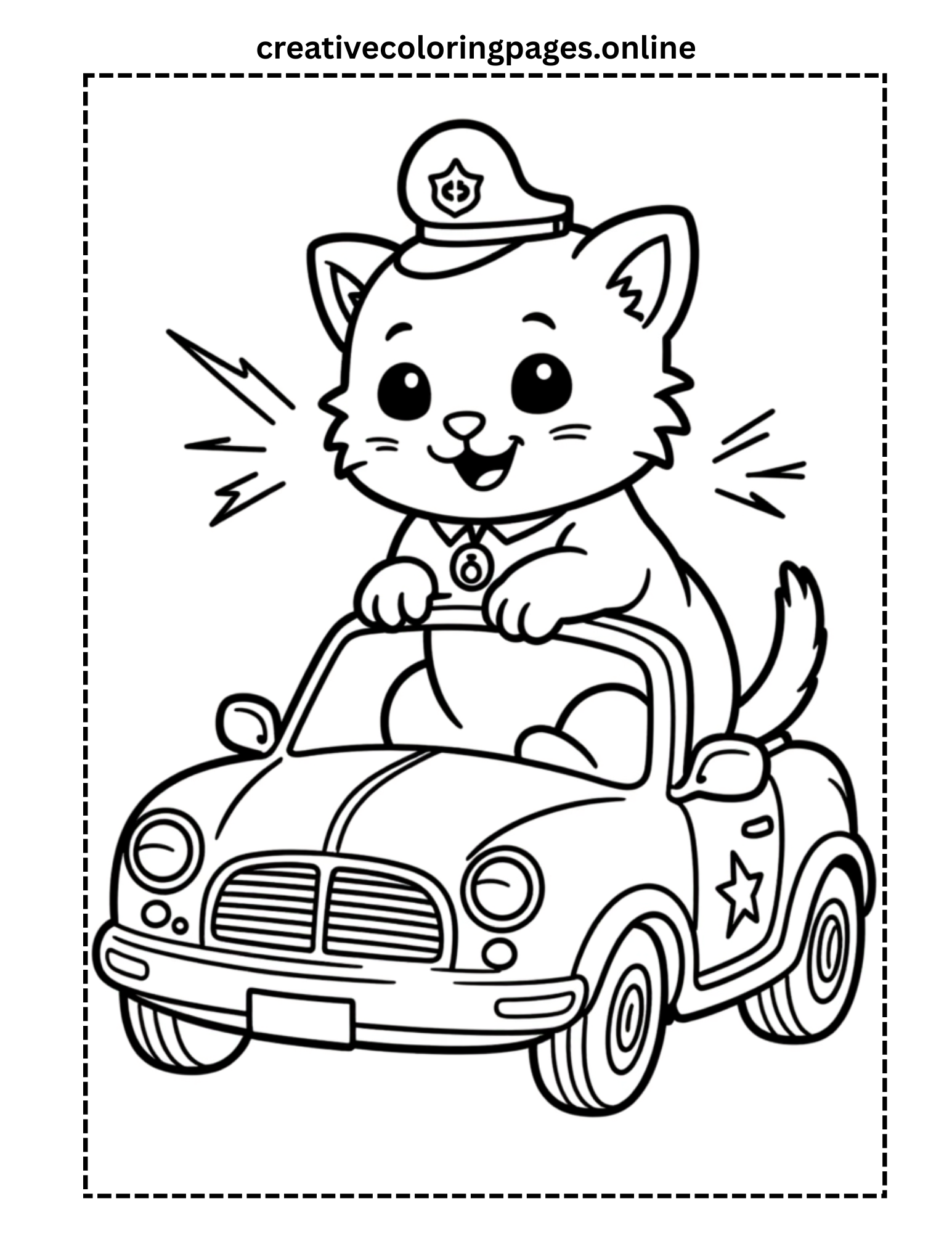 Police Cat Driving Patrol Car Coloring Page