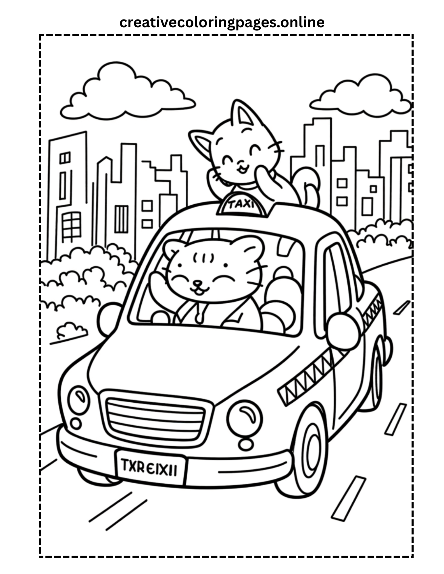 Cat Taxi Driver in the City Coloring Page - Image 1