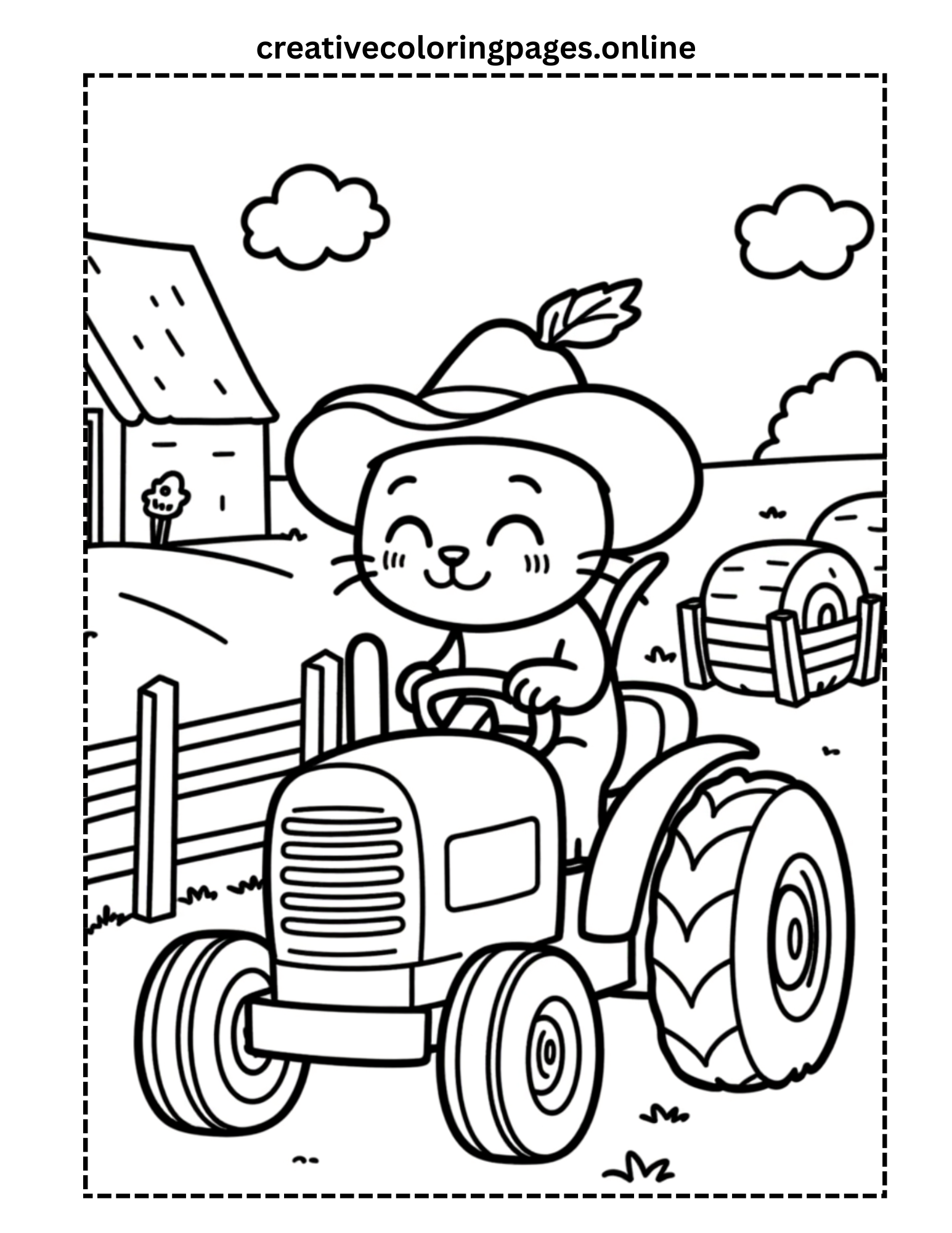 Farmer Cat Driving Tractor Coloring Page - Image 1