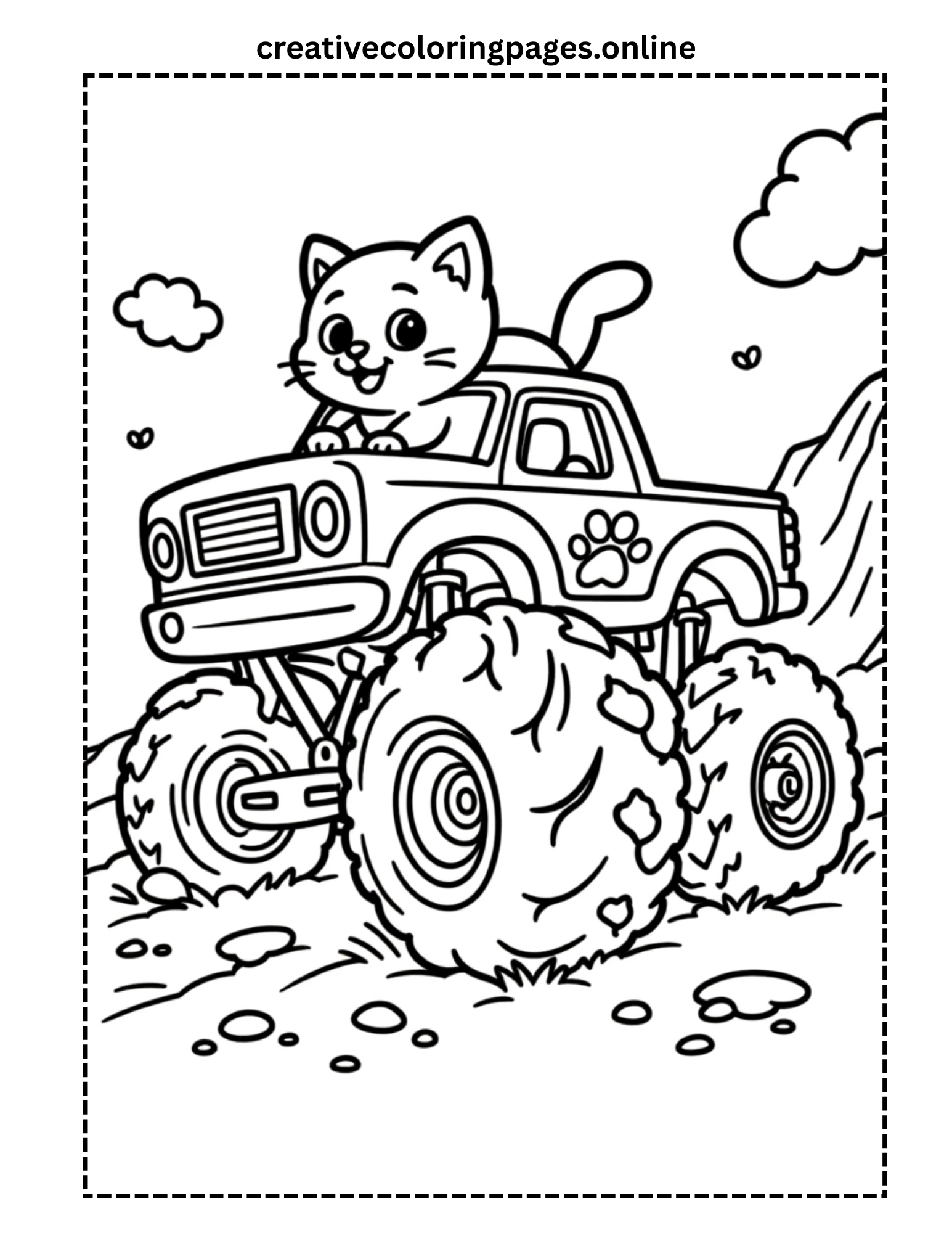 Cat Driving Monster Truck Coloring Page - Image 1