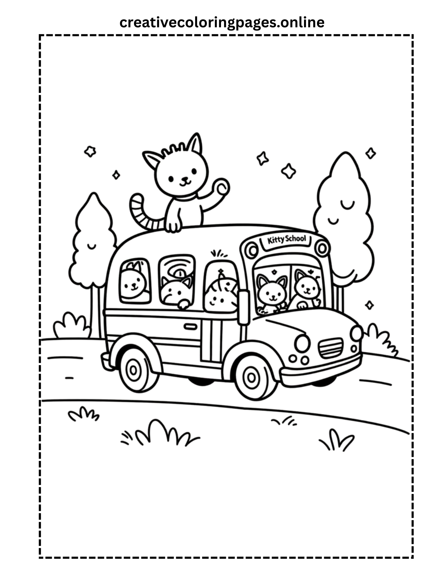 Kitty School Bus with Cute Cats Coloring Page