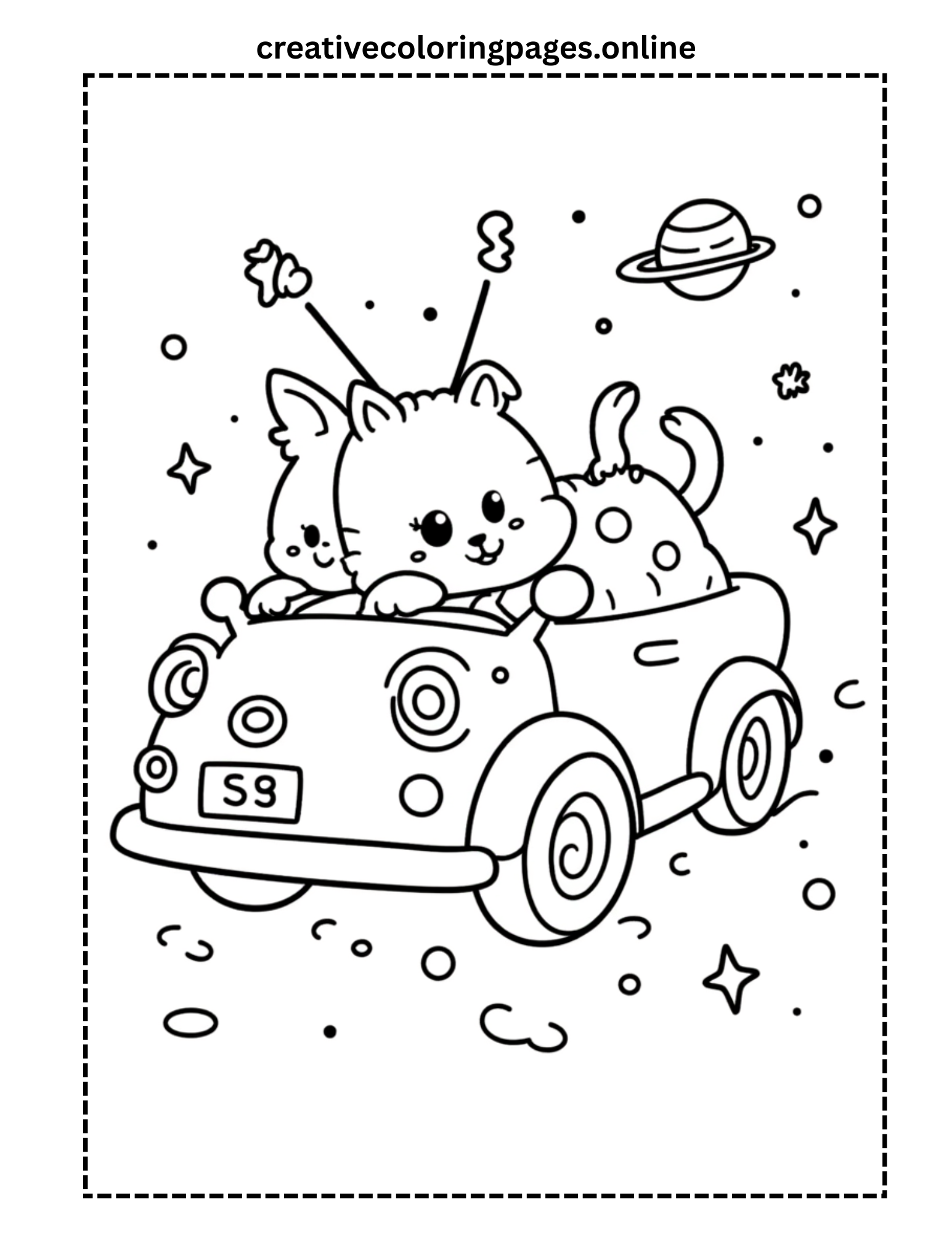 Cat and Alien Driving Space Car Coloring Page - Image 1
