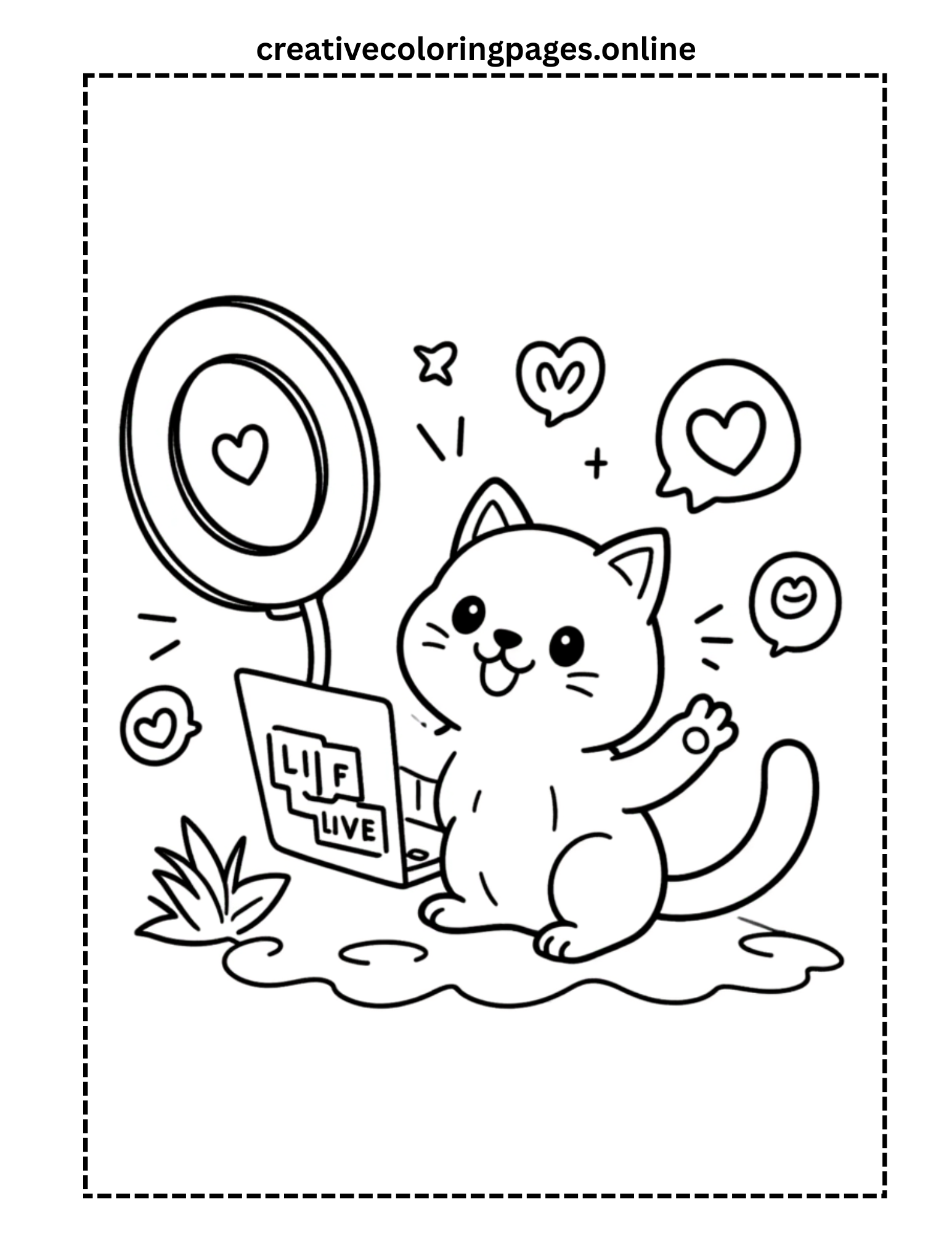 Cat Livestreaming with Ring Light Coloring Page - Image 1