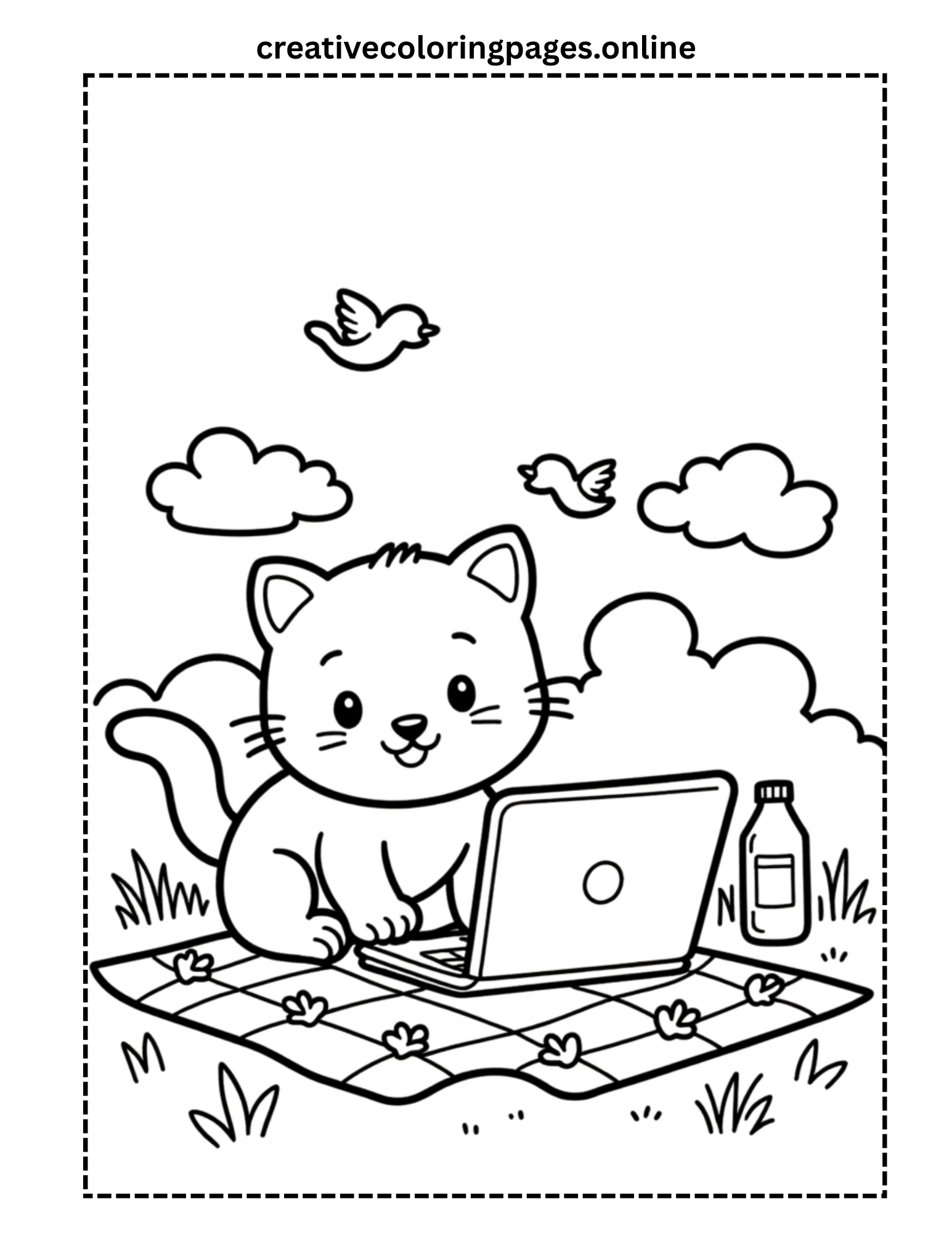 Cat with Laptop on Picnic Blanket Coloring Page - Image 1