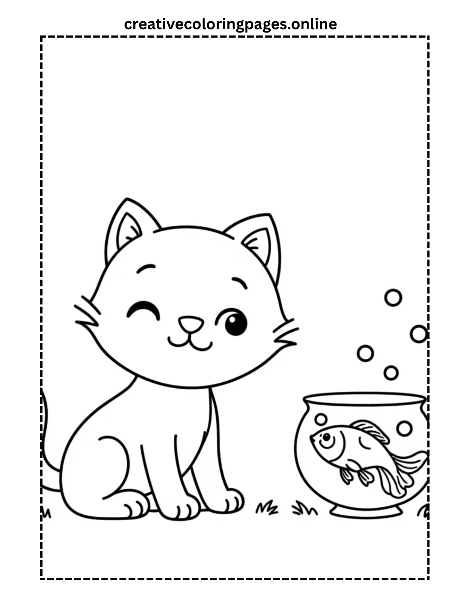 Cat and Goldfish Coloring Page - Image 1