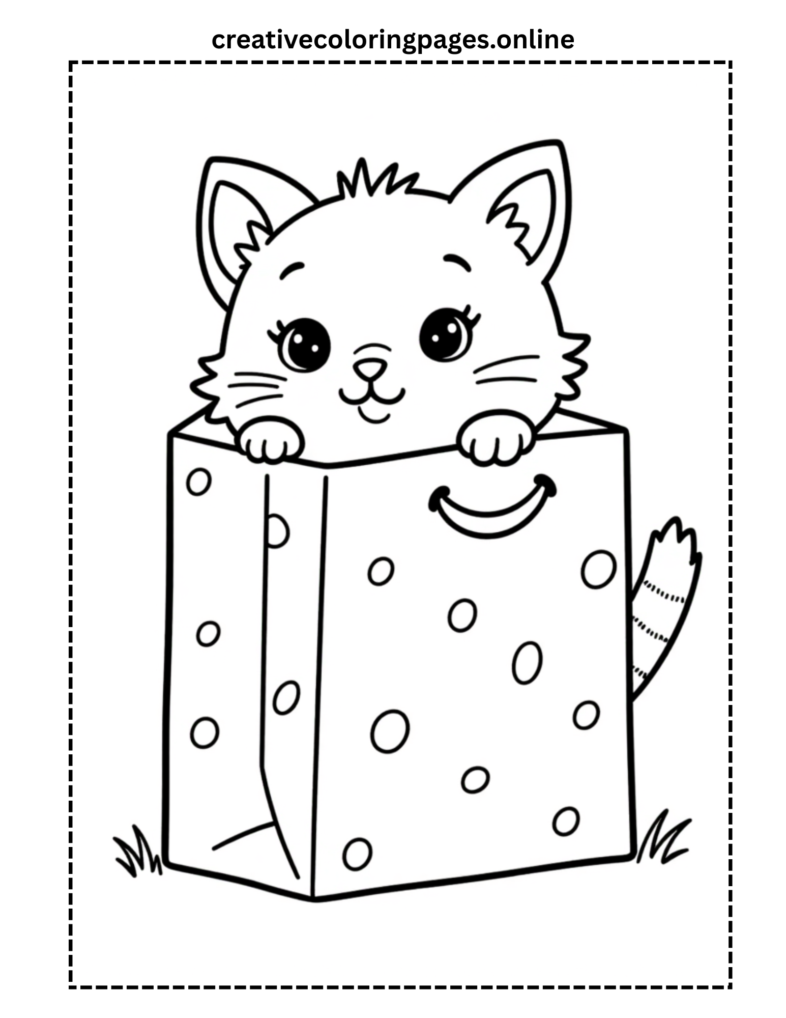 Kitten in a Gift Bag Coloring Page - Image 1