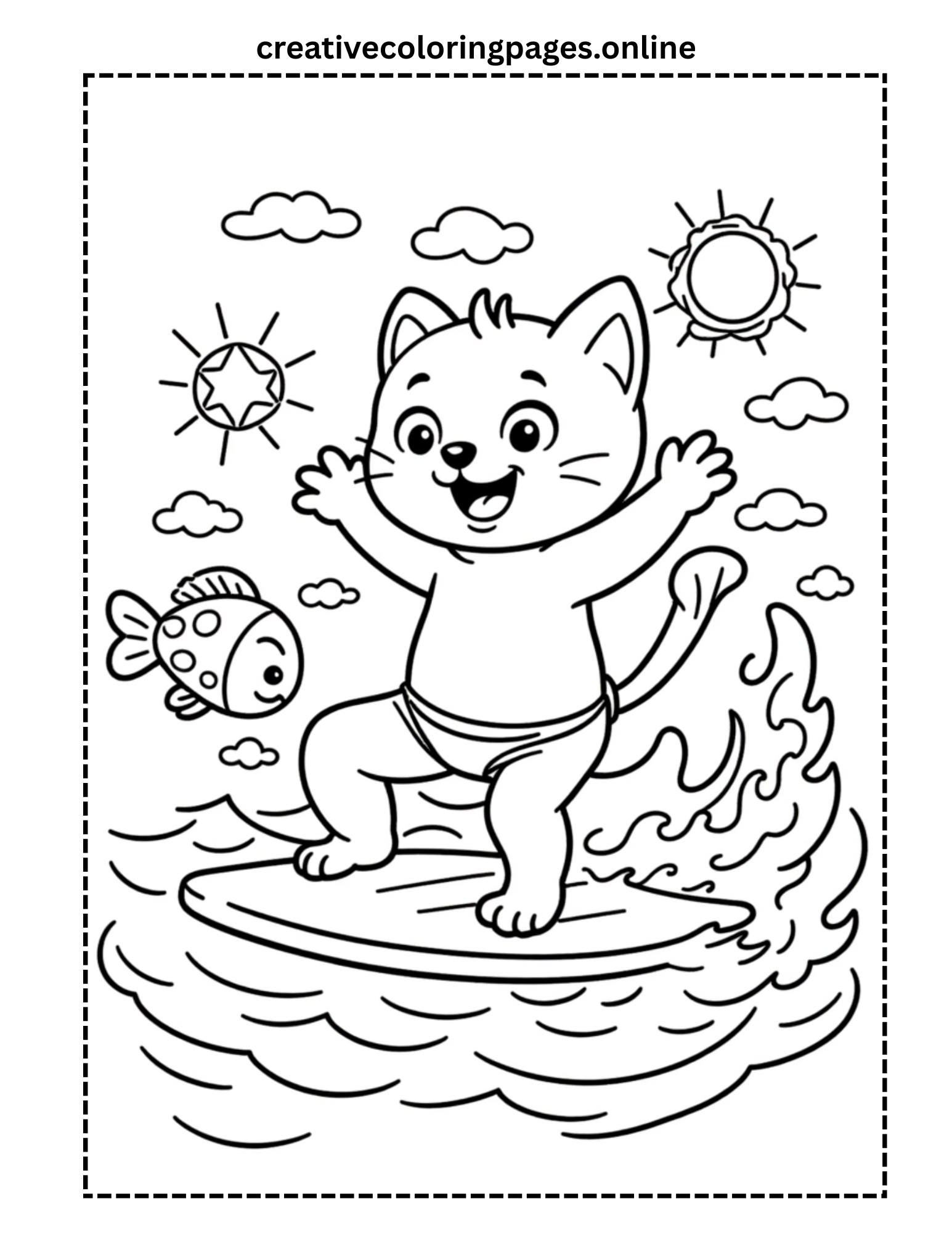 Cat Surfing Coloring Page - Image 1