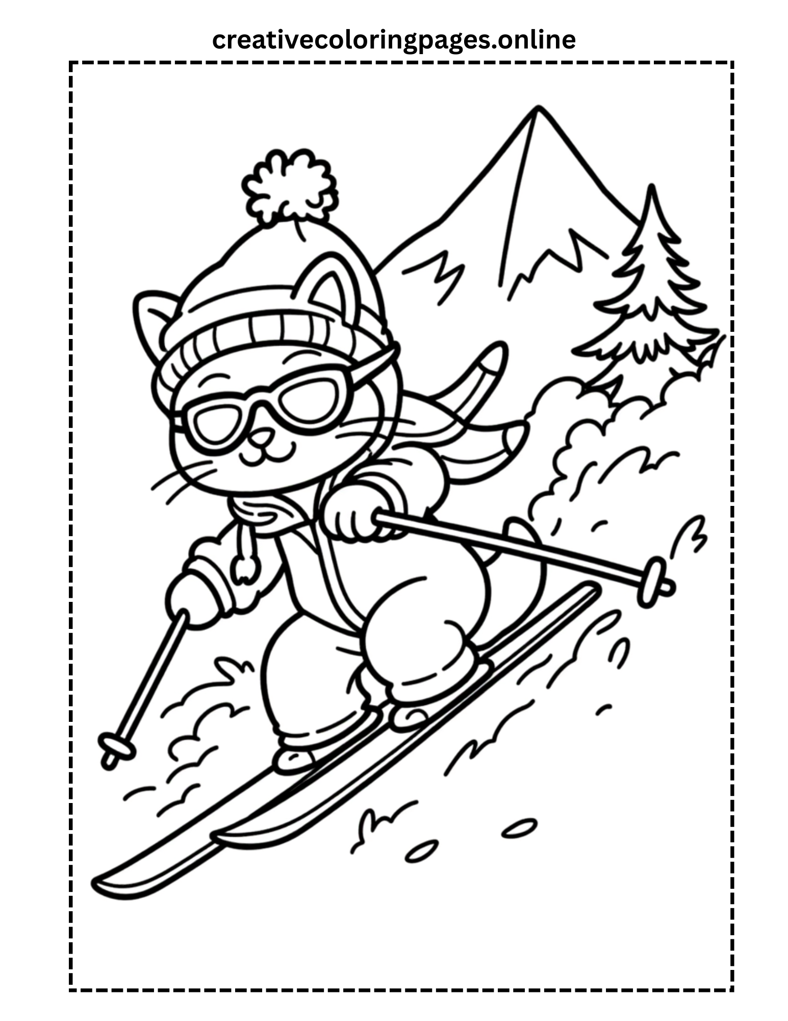 Cat Skiing Coloring Page - Image 1