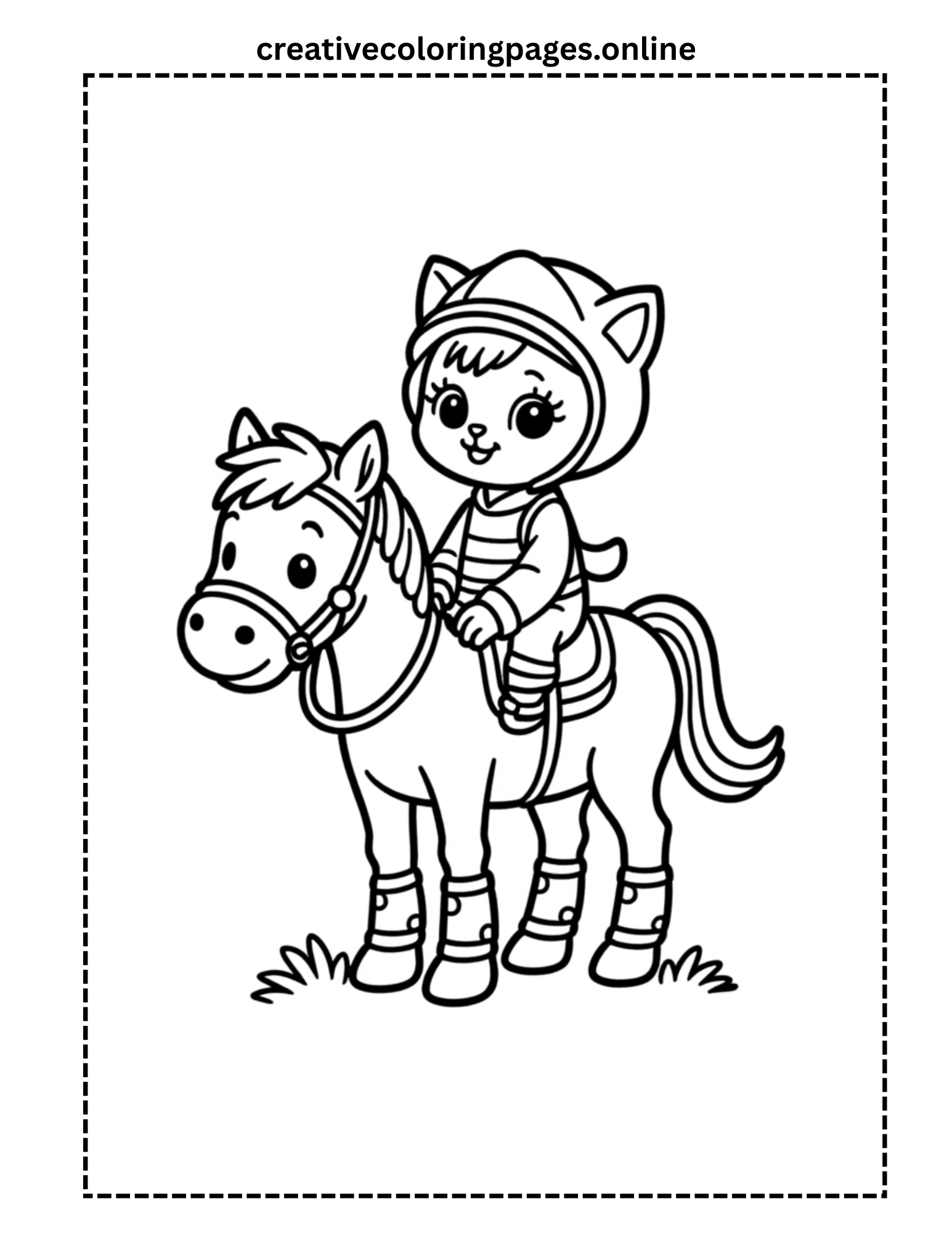 Cat Horseback Riding Coloring Page - Image 1