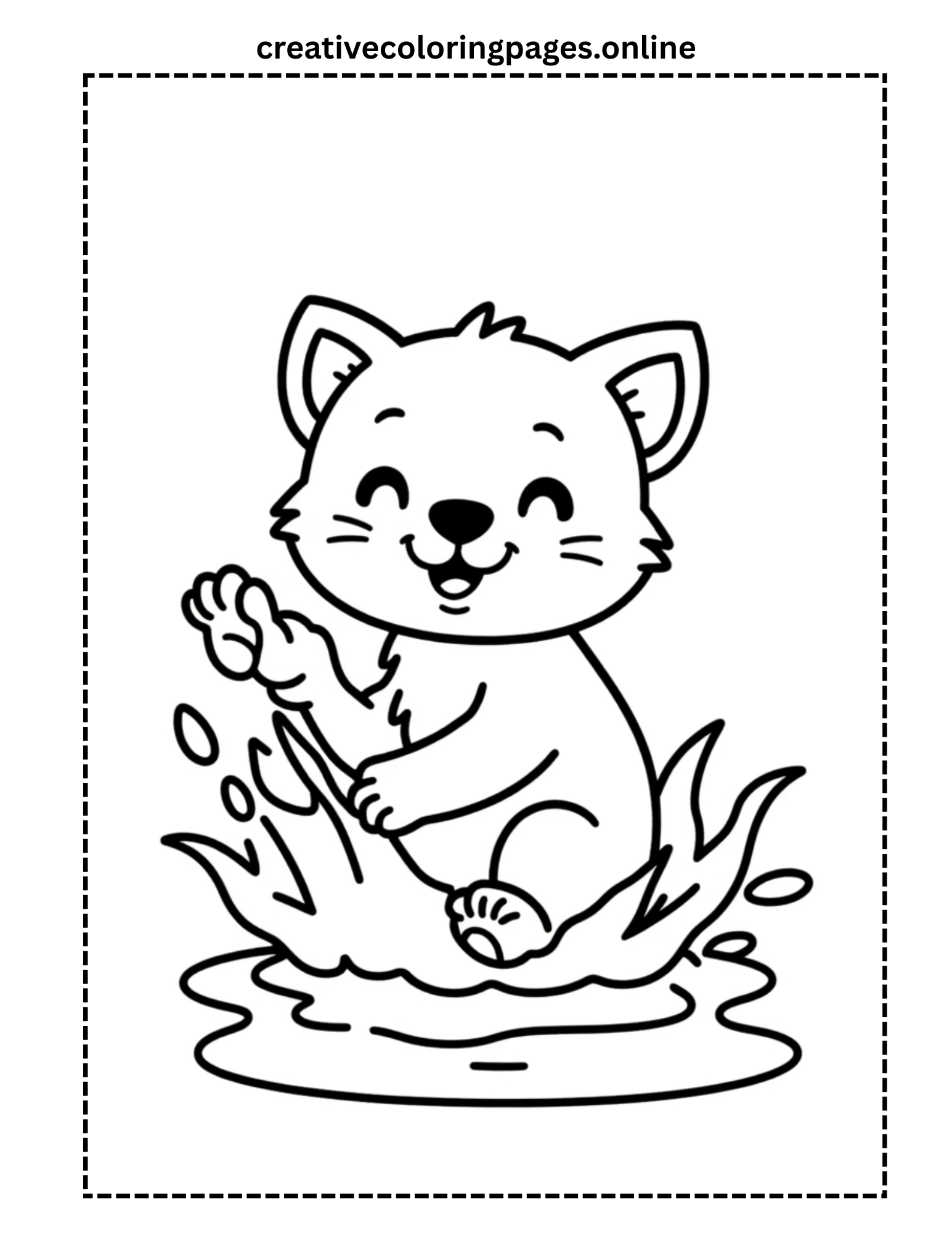 Cat Splashing in a Puddle Coloring Page