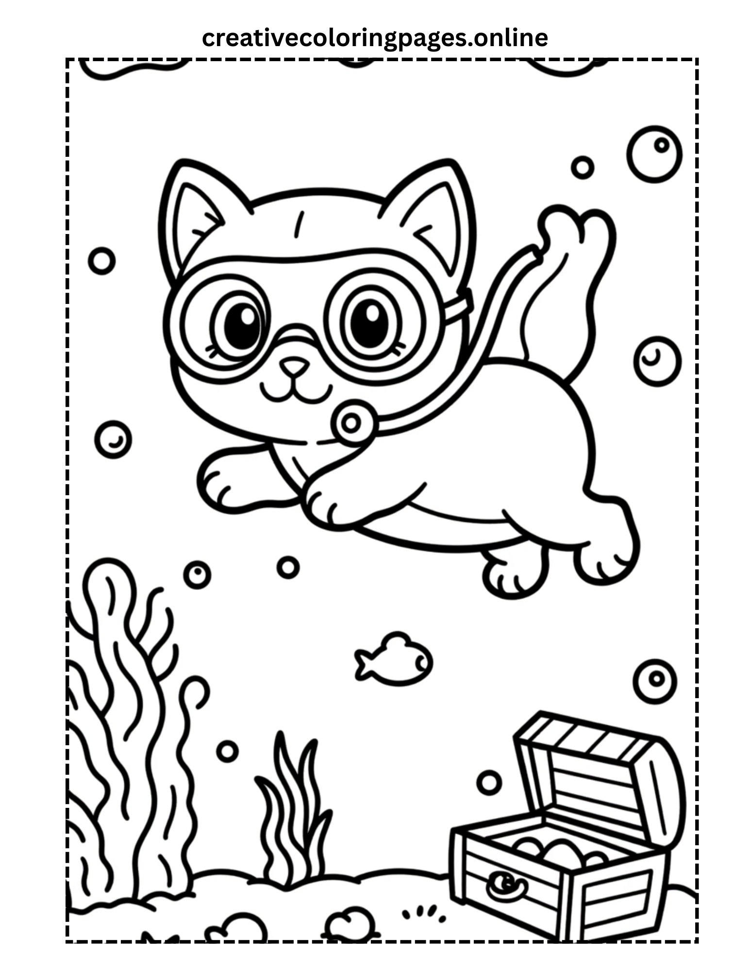 Cat Scuba Diving Coloring Page - Image 1