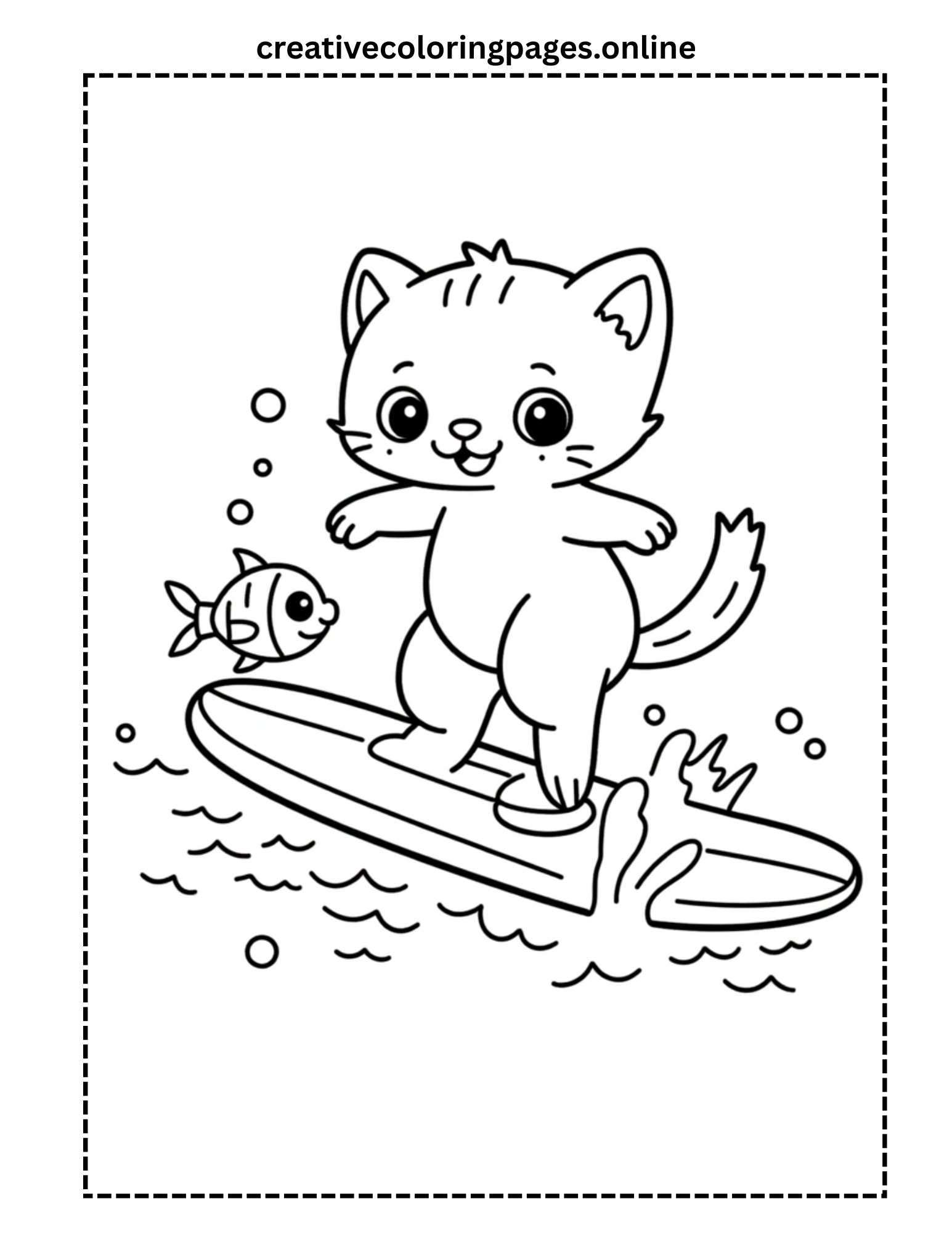 Cat Surfing with Fish Coloring Page - Image 1