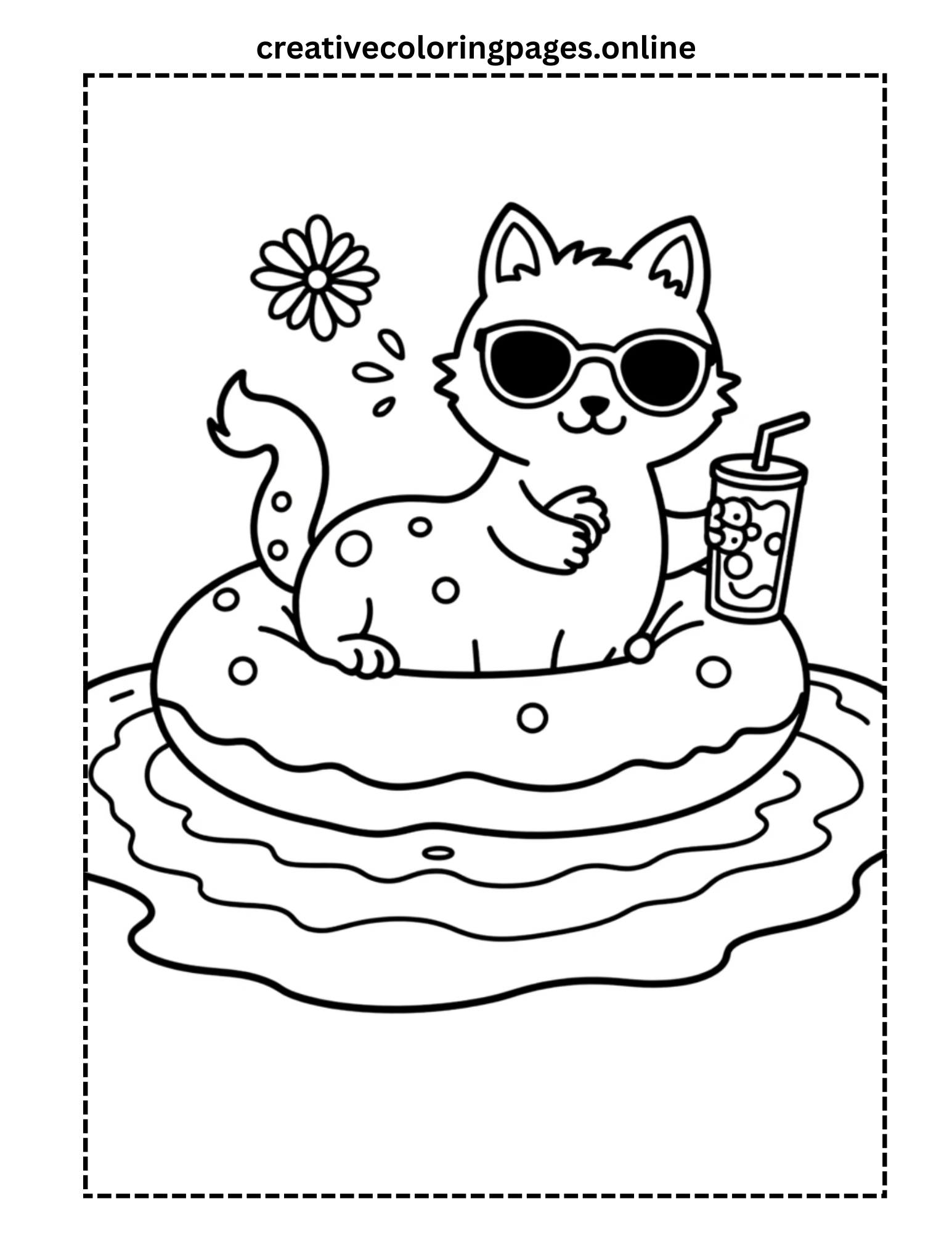 Cat on Pool Float Coloring Page - Image 1