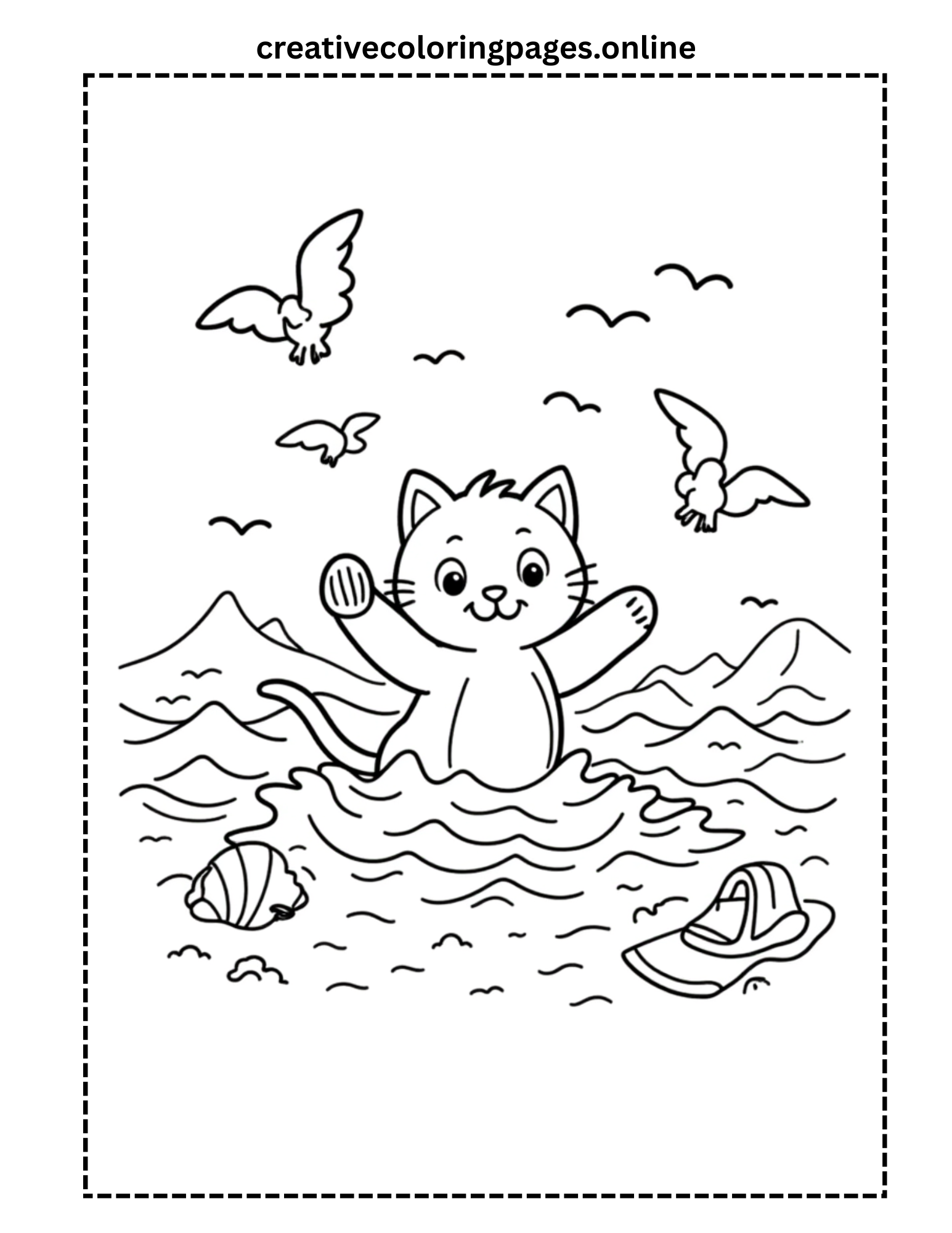 Cat in the Ocean Coloring Page - Image 1