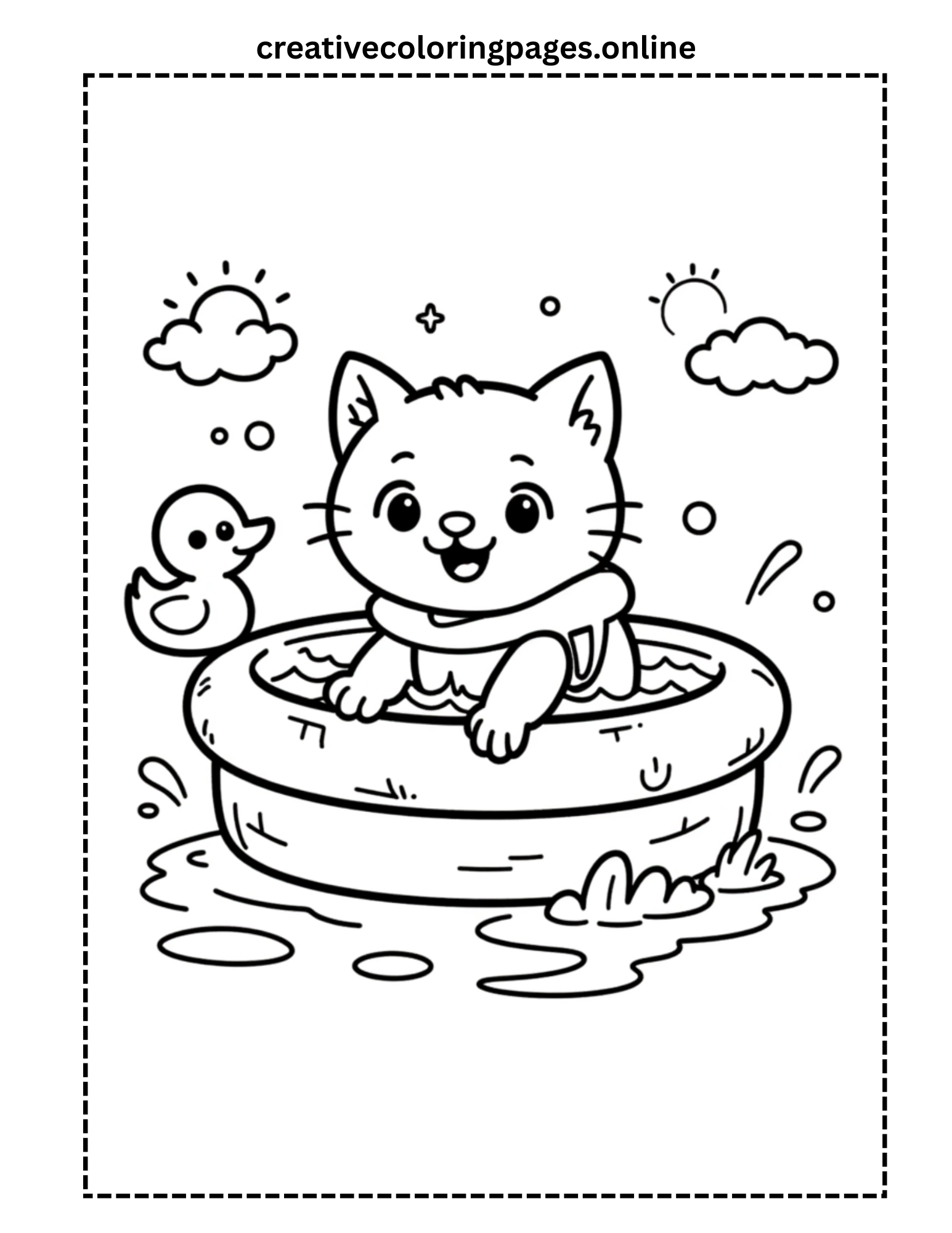 Cat in Kiddie Pool Coloring Page - Image 1