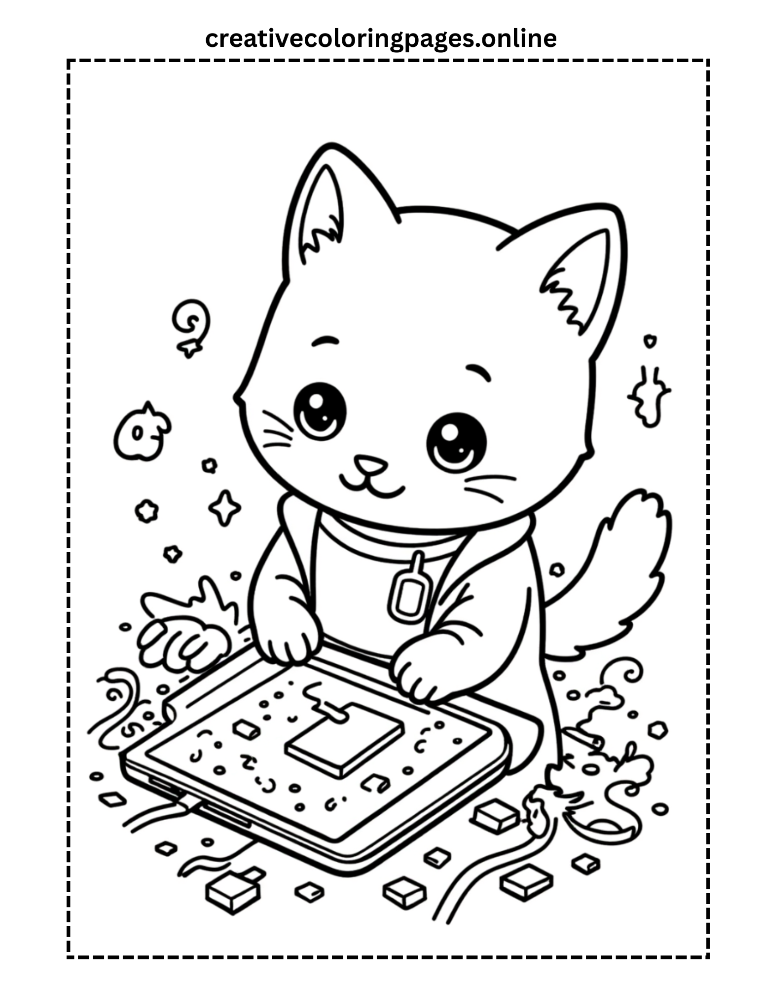 Cat on Laptop Coloring Page - Image 1