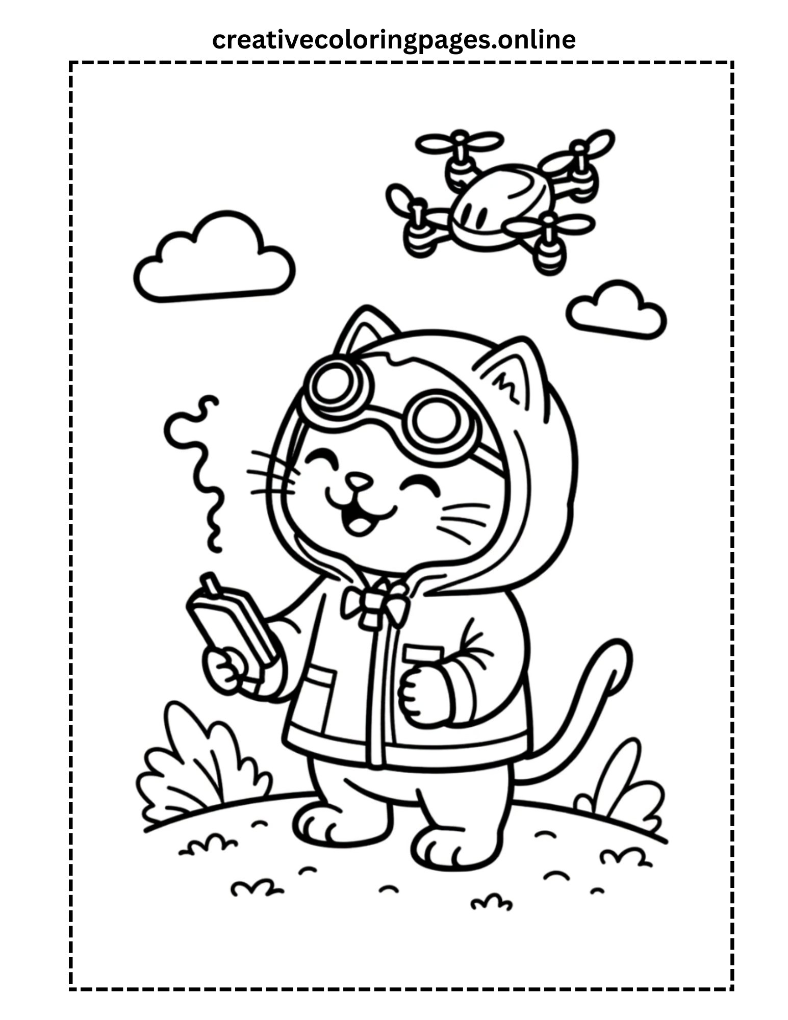 Cat Flying a Drone Coloring Page - Image 1