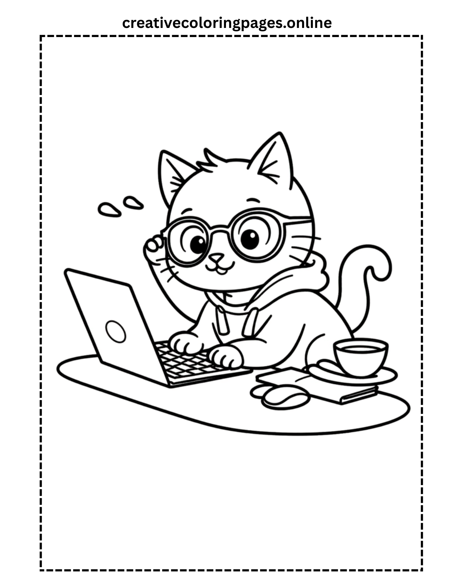Cat Working on Laptop Coloring Page - Image 1