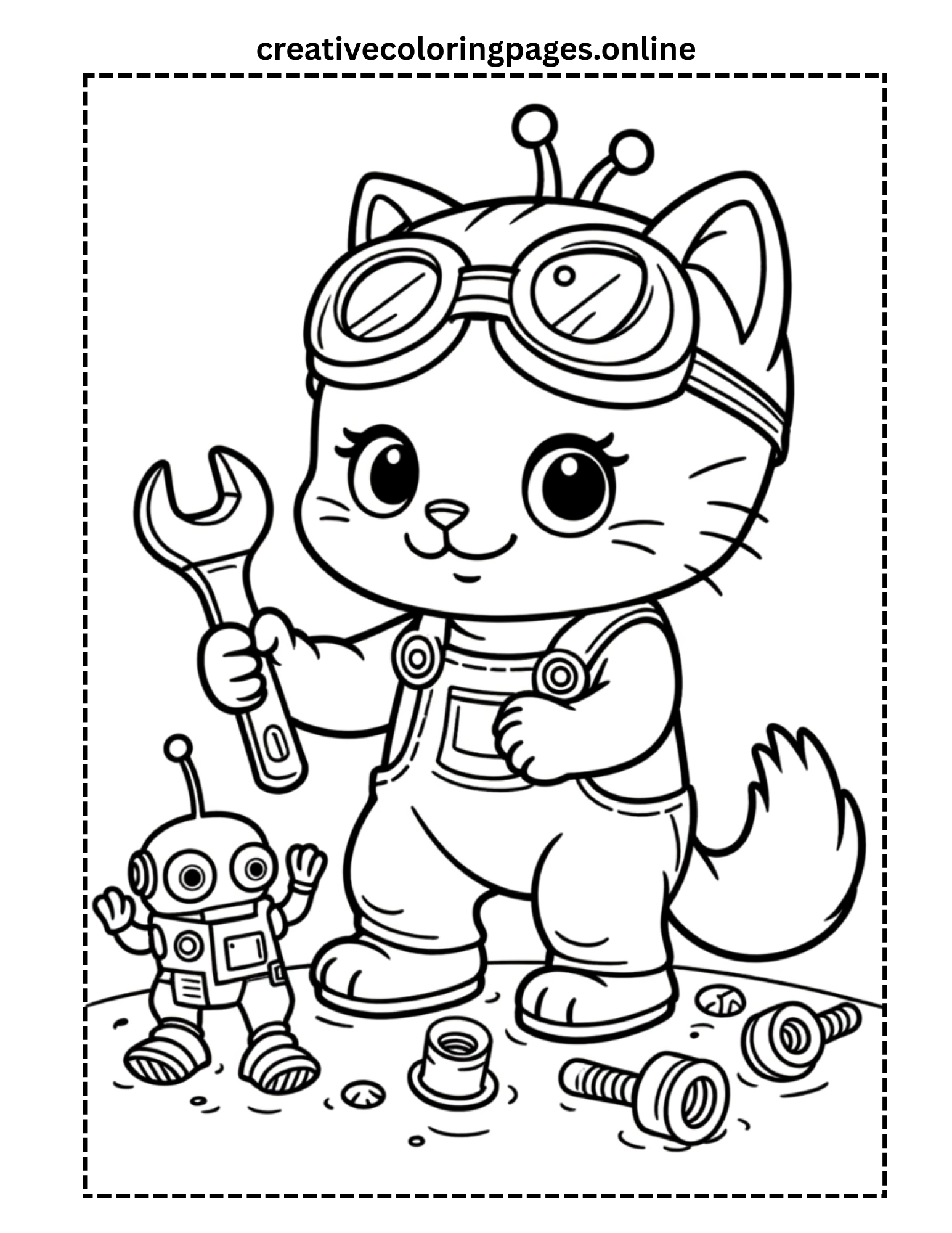 Cat Building a Robot Coloring Page - Image 1