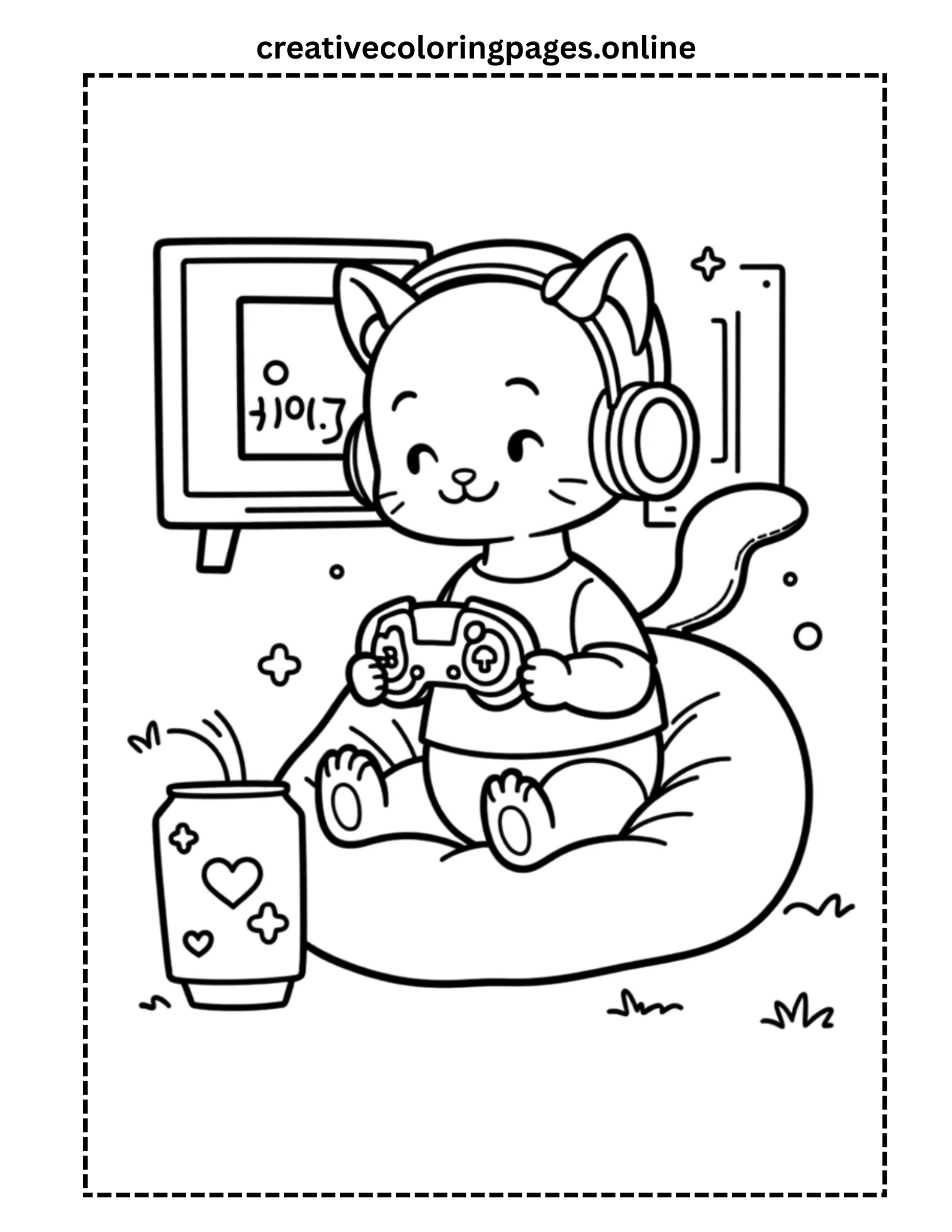 Cat Playing Video Games Coloring Page