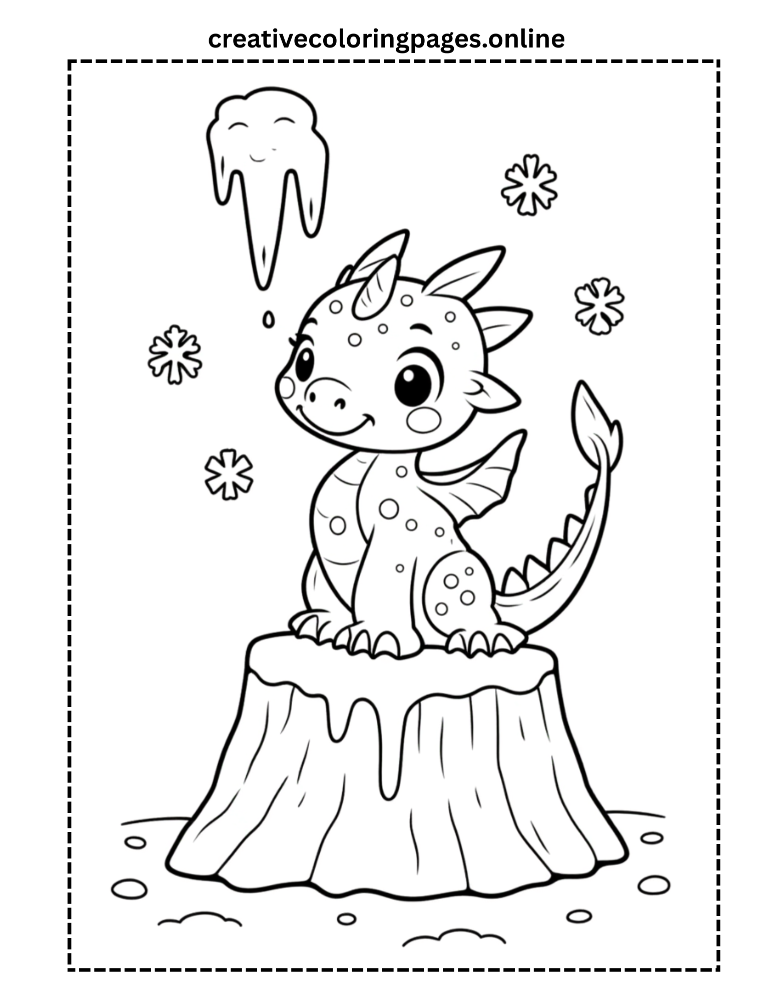 Baby Dragon on Tree Stump Coloring Page - Image 1