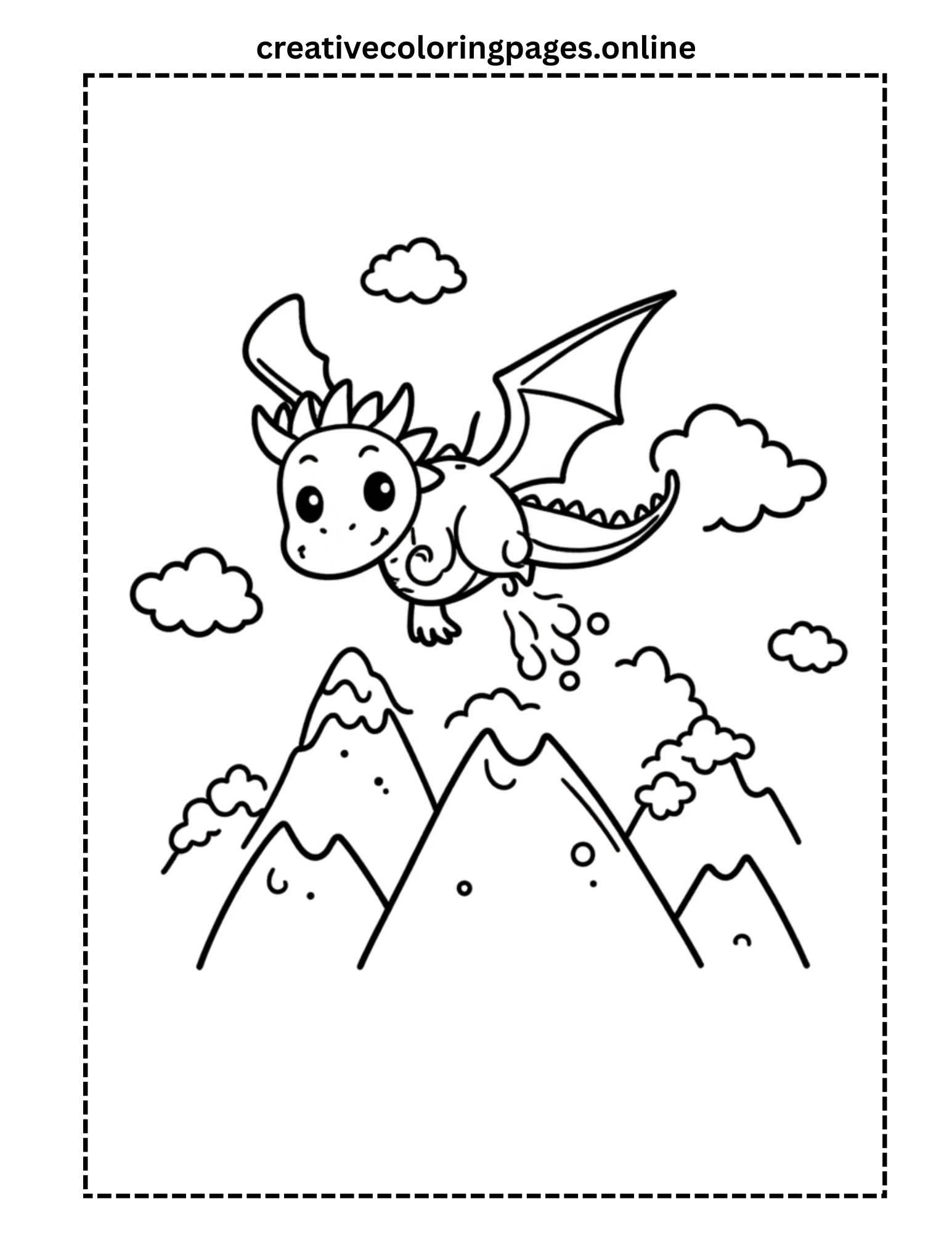 Baby Dragon Flying Over Mountains Coloring Page