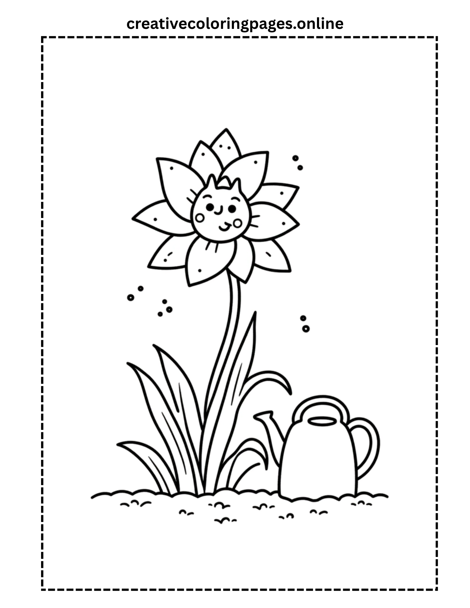 Cute Flower with Watering Can Coloring Page - Image 1
