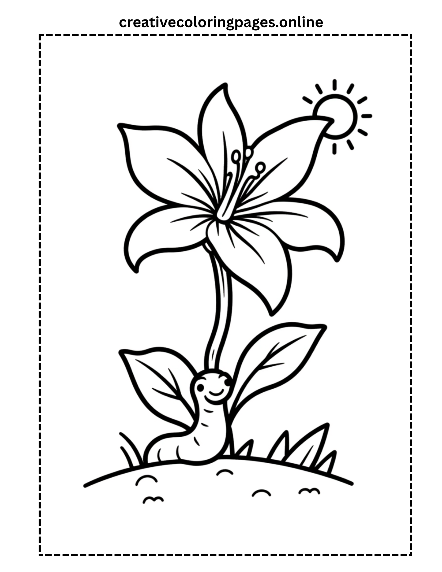 Lily Flower with Cute Worm Coloring Page - Image 1