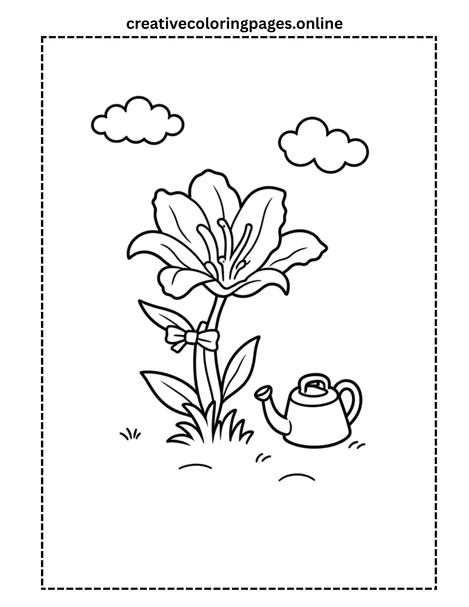 Lily Flower with Bow and Watering Can Coloring Page